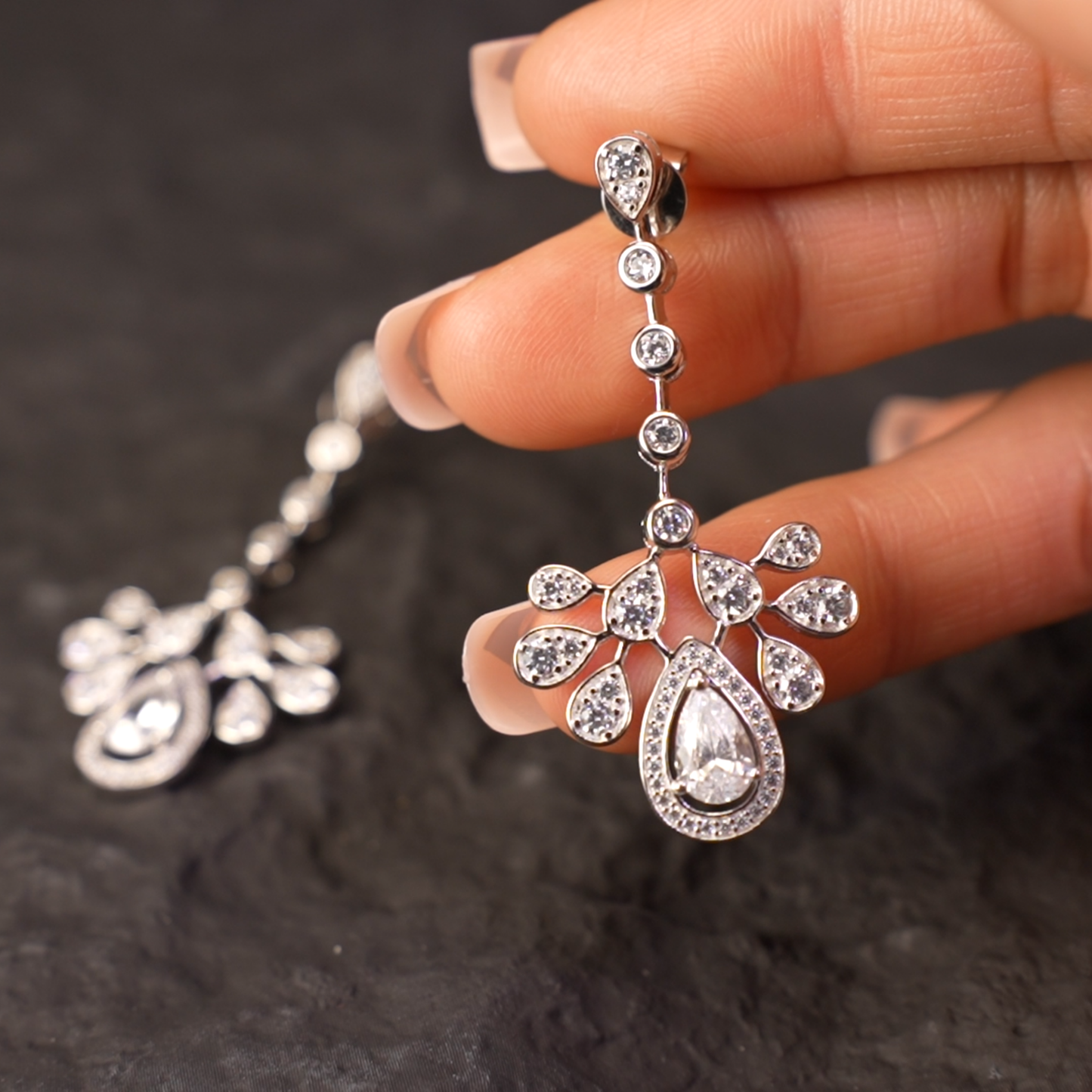 Teardrop Silver Earrings with Zircon, Handmade Luxury Earrings for Women, Wedding Jewelry