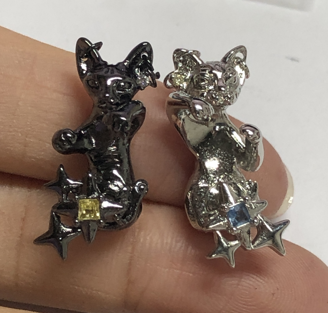 Cosmic Cat Earrings | 925 Sterling Silver Animal Studs | Twin Cats with Star and Gemstone | Whimsical Celestial Jewelry Gift