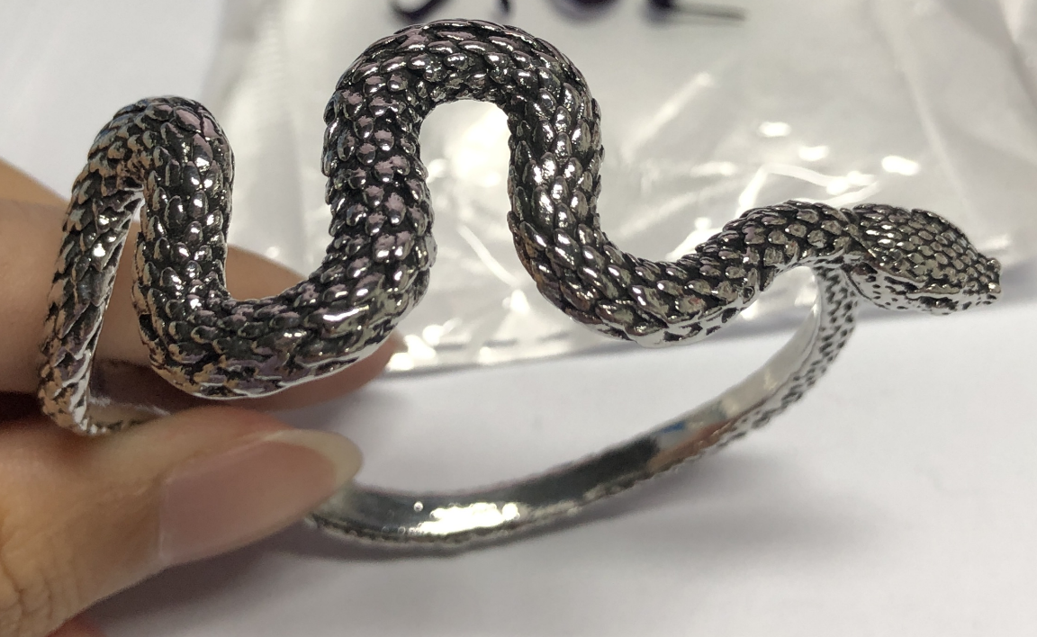 Gothic Snake Bangle in Sterling Silver – 925 Silver Coiled Serpent Bracelet, Totem Jewelry, Protective Amulet, Adjustable Unisex Arm Cuff
