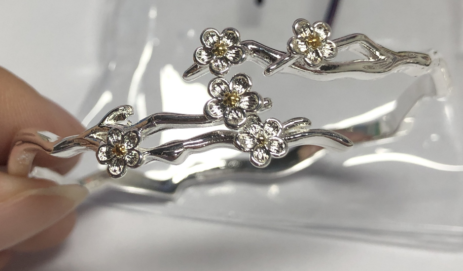 Sterling Silver Plum Blossom Bangle, 925 Silver Flower Branch Bracelet, Nature-Inspired Open Cuff, Elegant Handmade Jewelry Gift
