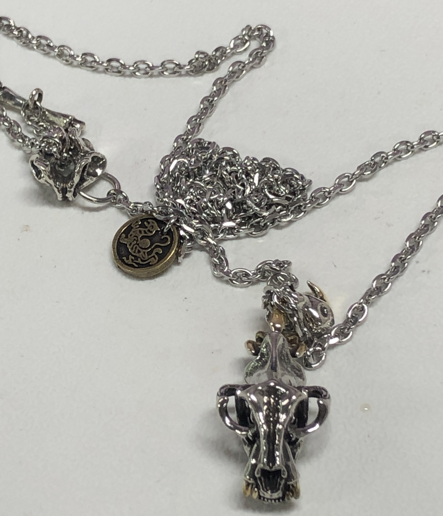 Mythic Beast Skull Pendant Necklace with Dragon Crest Medallion | Gothic Totem Jewelry for Fantasy Lovers