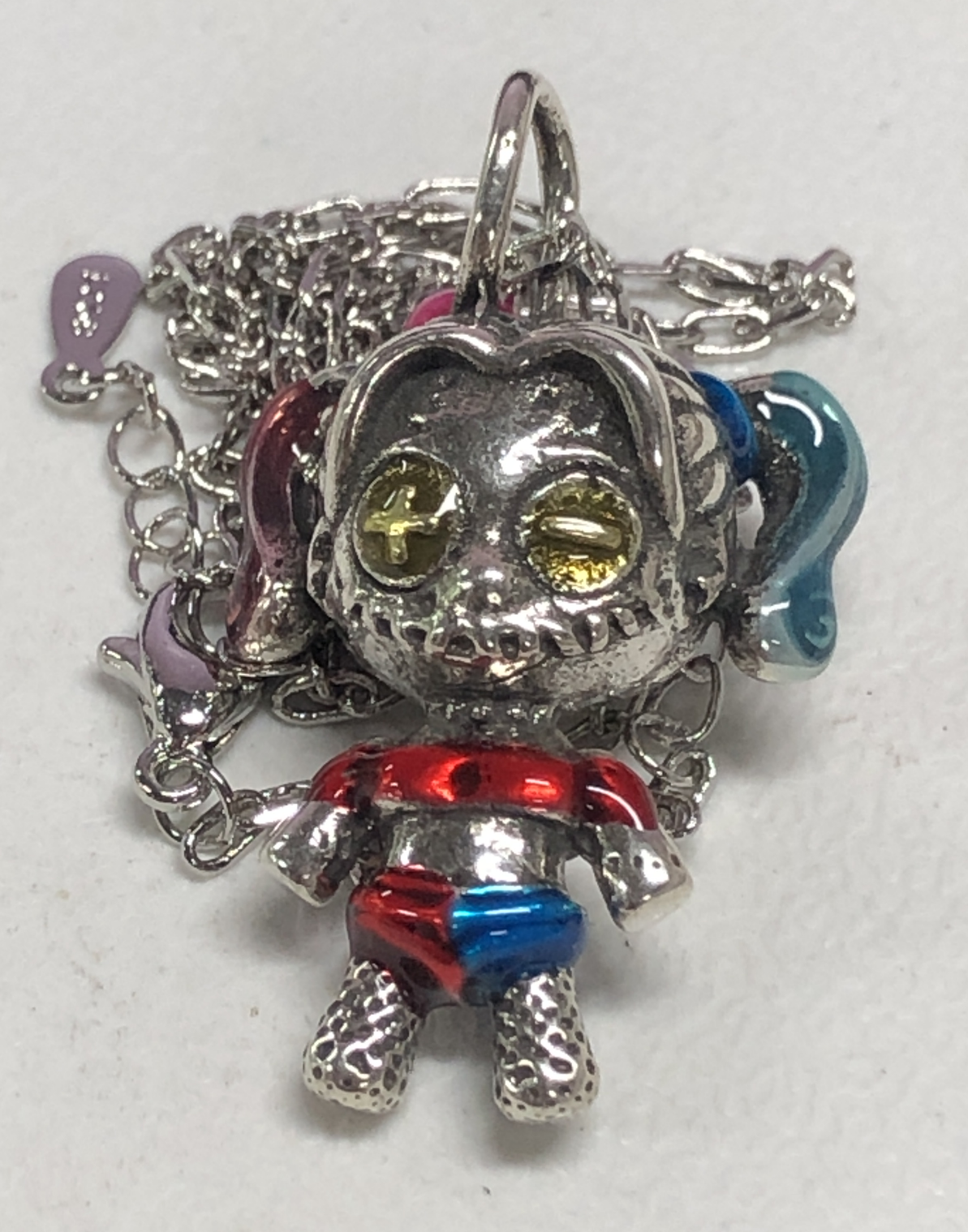 Punk Doll Girl Pendant Necklace – Cute Cosplay Style, Red & Blue Hair, Button Eyes, Handmade Alloy Jewelry