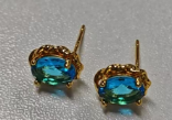 Vintage Gold Stud Earrings with Blue-Green Oval Gem – Ocean-Inspired Design