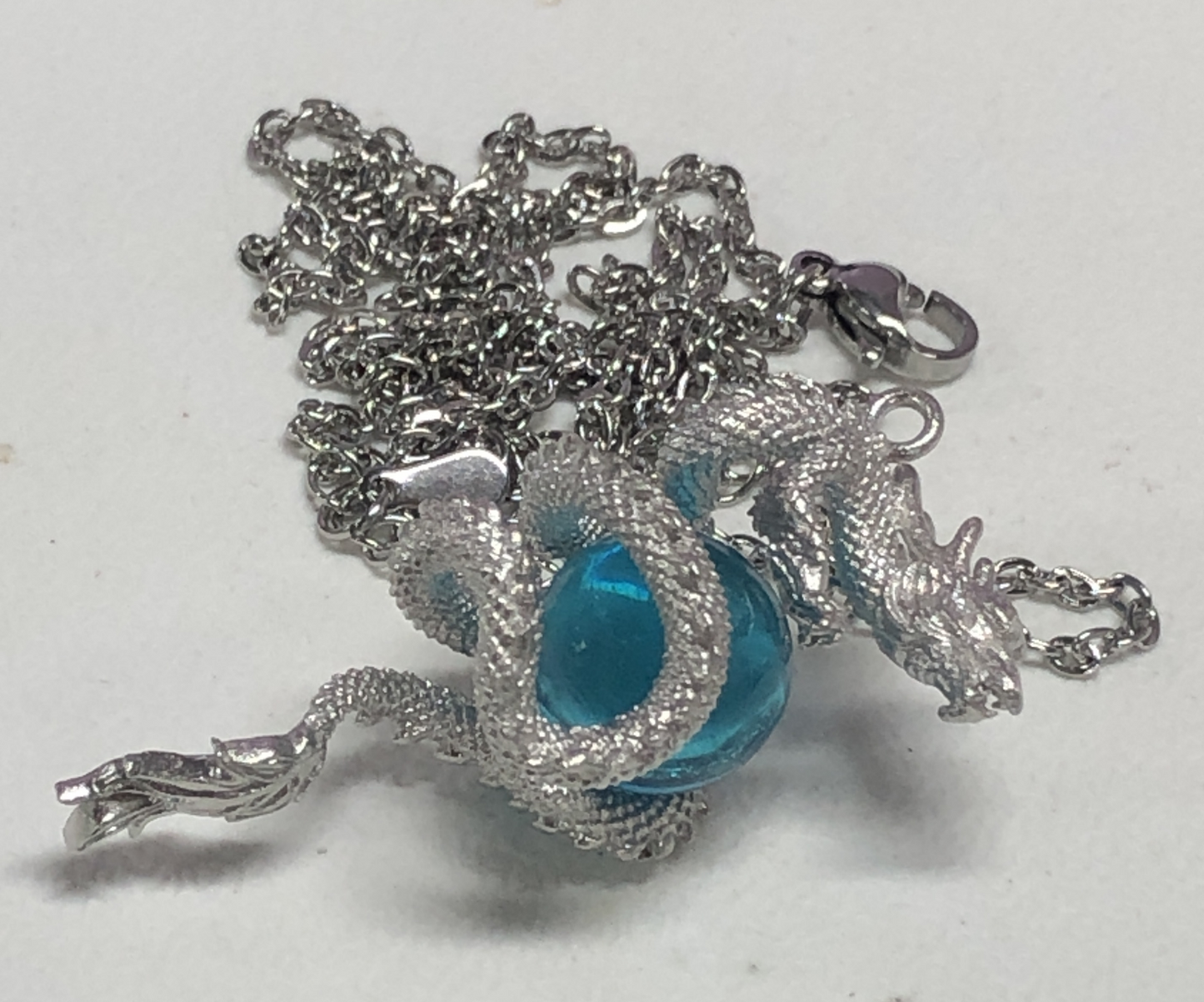 Oriental Dragon Totem Necklace – Coiled Dragon Pendant with Blue Energy Orb, Myth-Inspired Unisex Gift Jewelry
