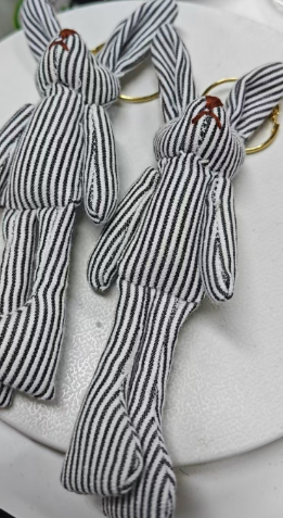 Black & White Striped Bunny Earrings - Cute Handmade Fabric Doll Jewelry