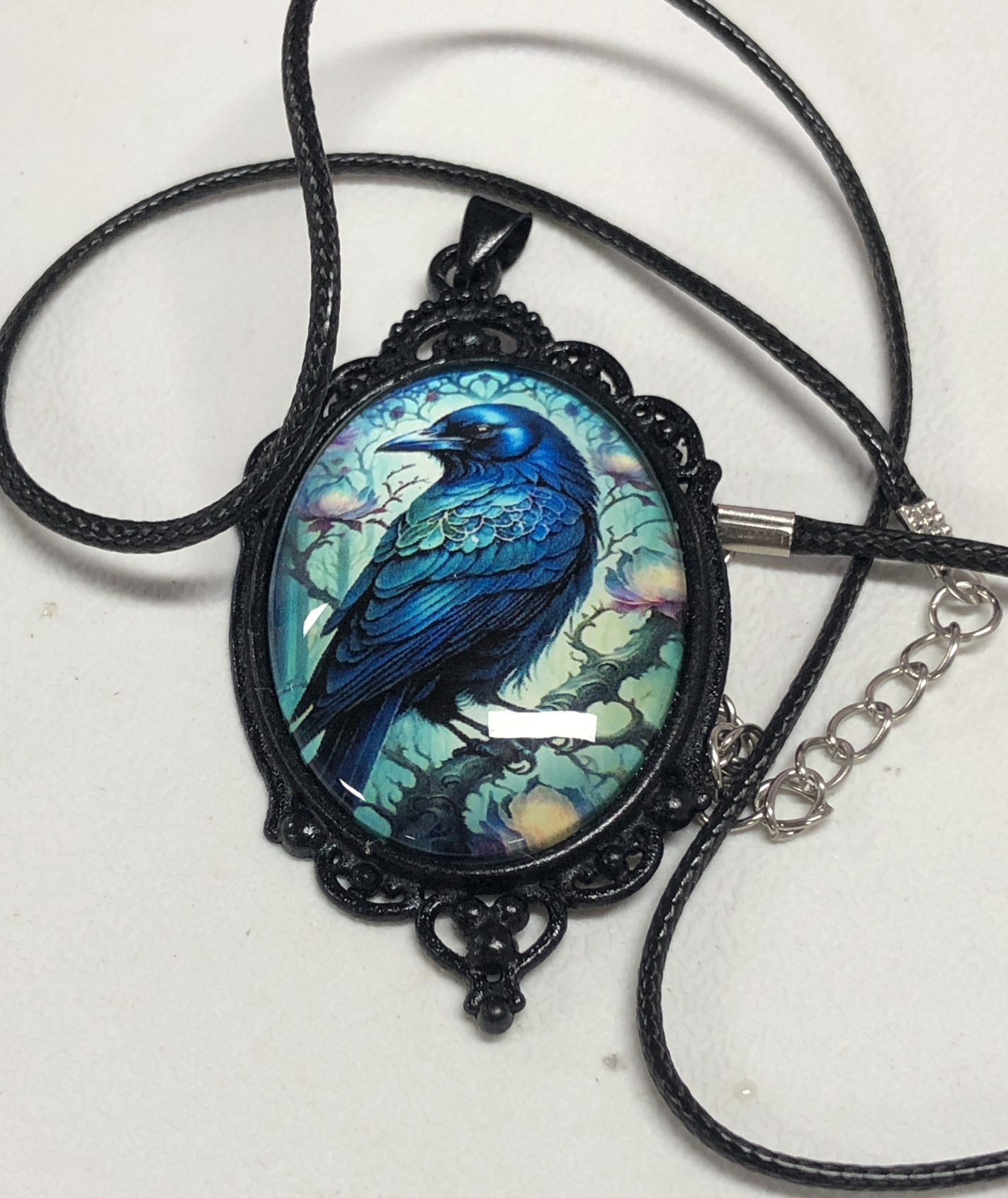 Mystic Raven Pendant Necklace | Gothic Vintage Frame with Blue-Black Illustration | Fantasy Totem Jewelry for Protection & Wisdom