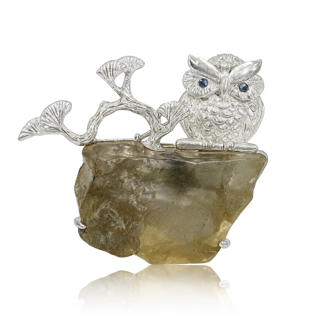 925 Silber Eule Brosche Anhänger 2-in-1, Handgefertigt mit Libyschem Wüstenglas, Symbol für Weisheit & Schutz, Unisex Naturstein Schmuck Geschenk für Frauen & Männer