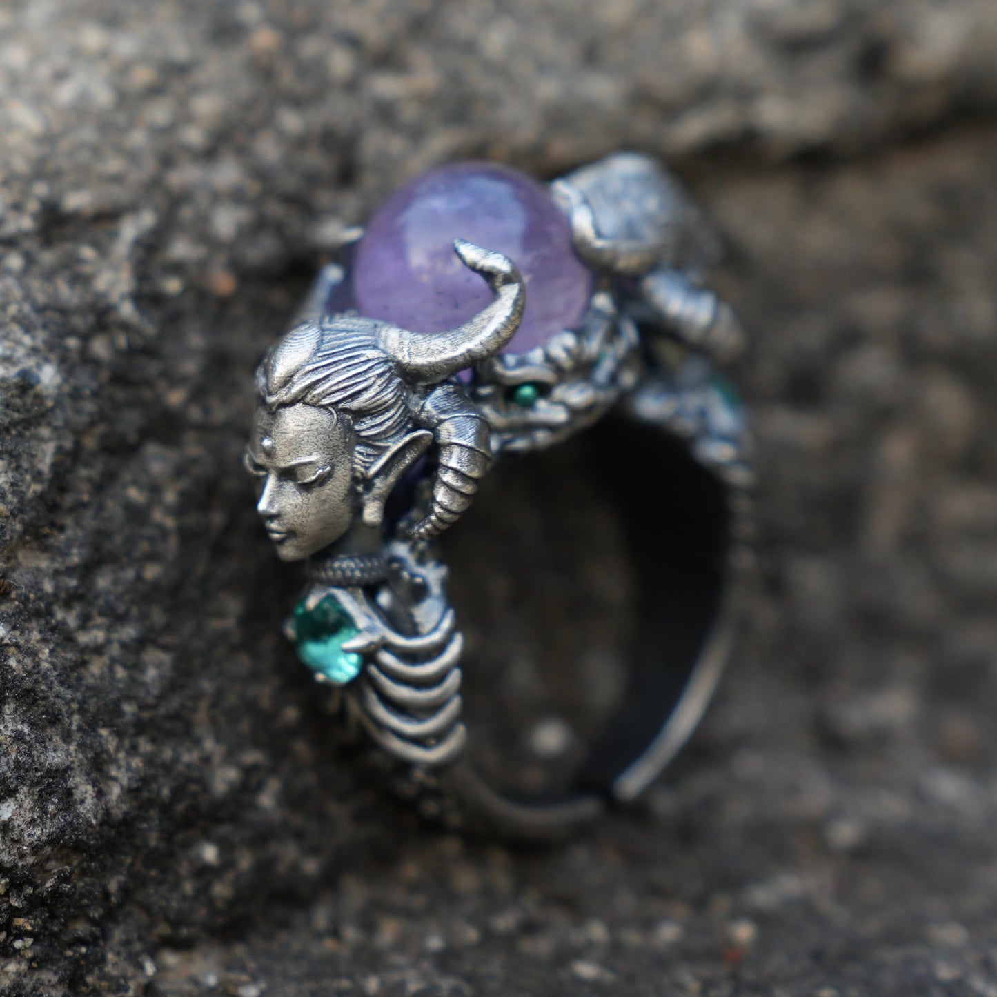 Amethyst & Aquamarine Ring in 925 Sterling Silver | Handmade Fantasy Jewelry | Artisan Gift for Collectors