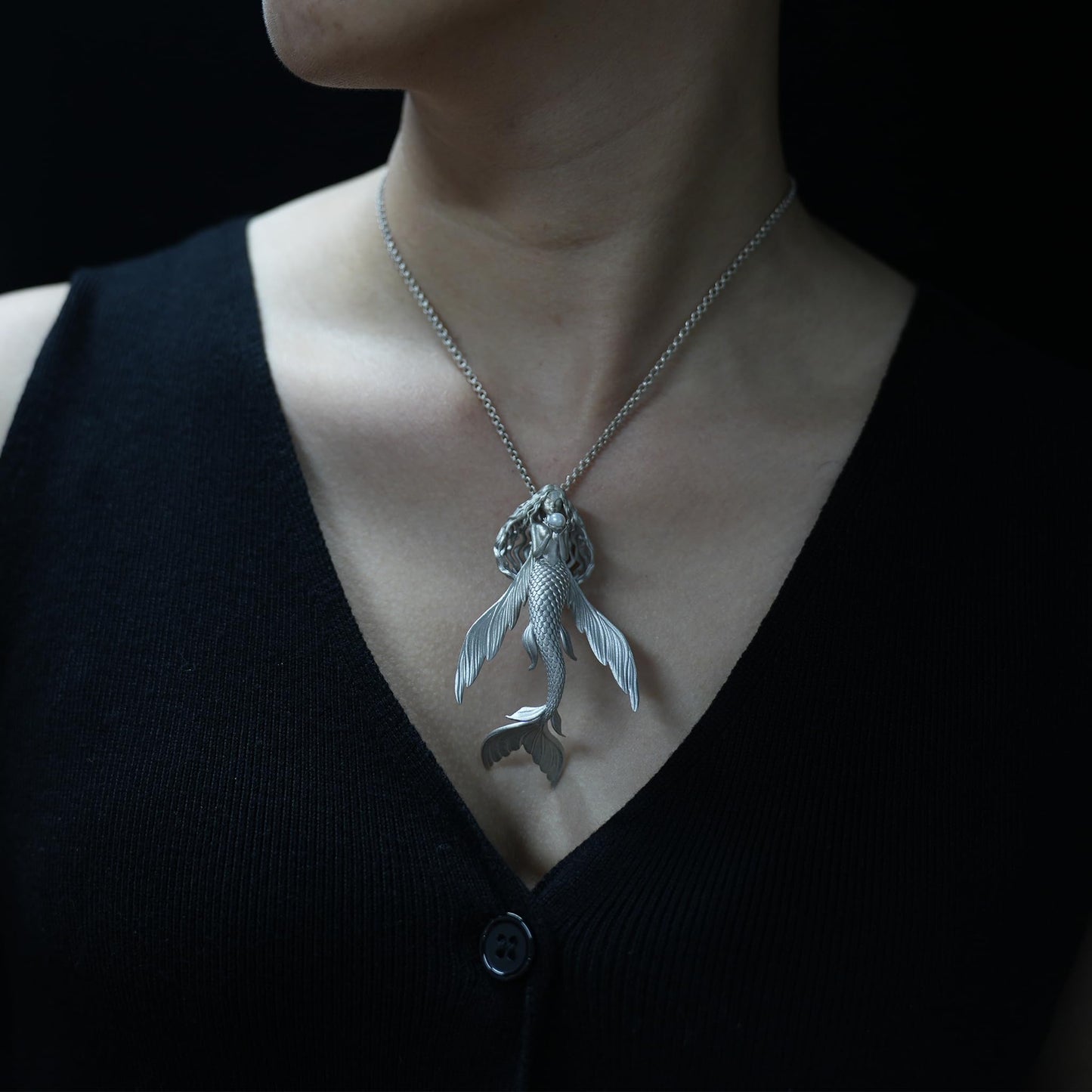 925 Sterling Silver Flying Fish Mermaid Pendant Necklace with Freshwater Pearl | Handcrafted Ocean Fantasy Jewelry | Mythical Sea Spirit Gift for Her