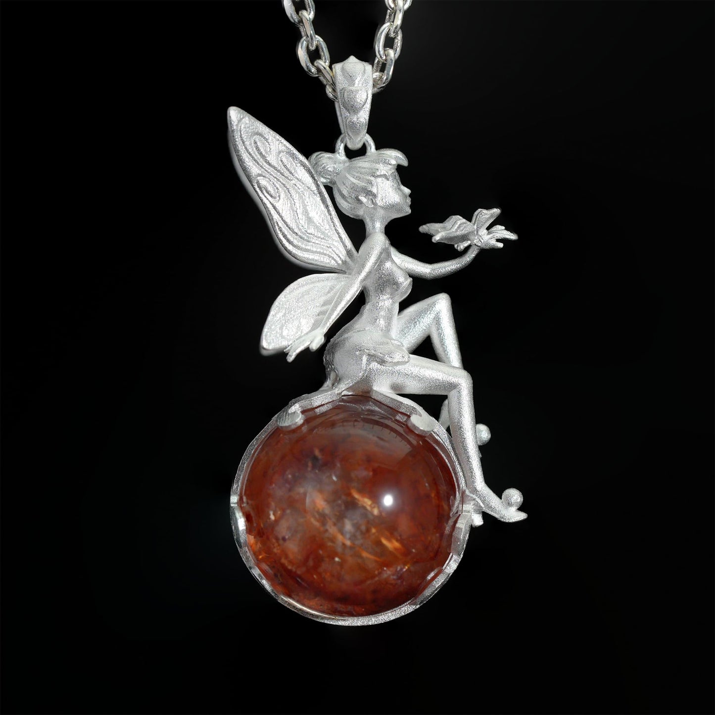 Fairy Pendant Necklace in 925 Sterling Silver with Moss Quartz | Handmade Fantasy Jewelry with Nature Spirit Elf Design | Mystical Keepsake Gift for Adults