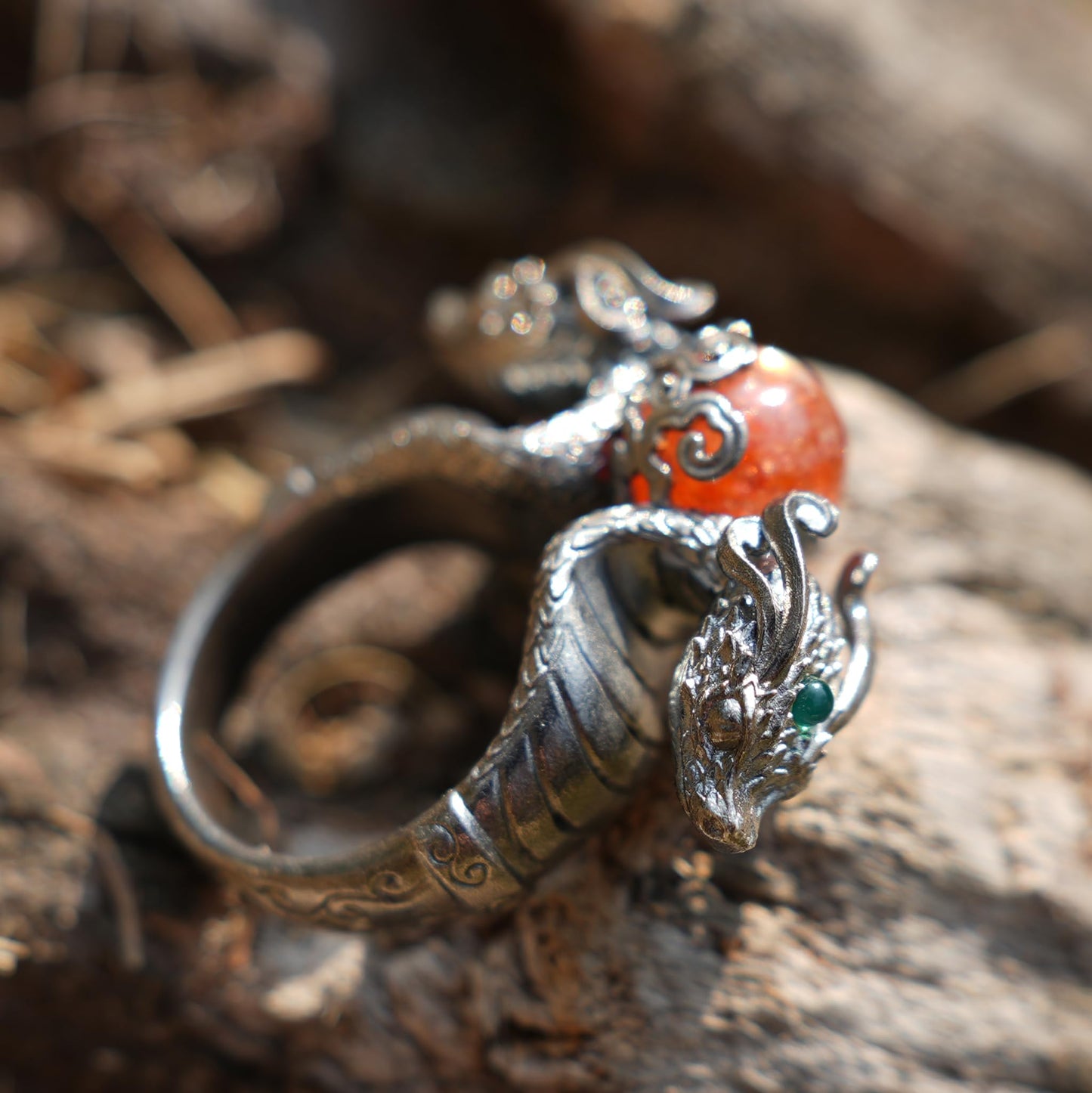 Dragon Ring with Sunstone & Emerald | Handmade 925 Silver Jewelry | Unique Fantasy Ring for Protection & Strength