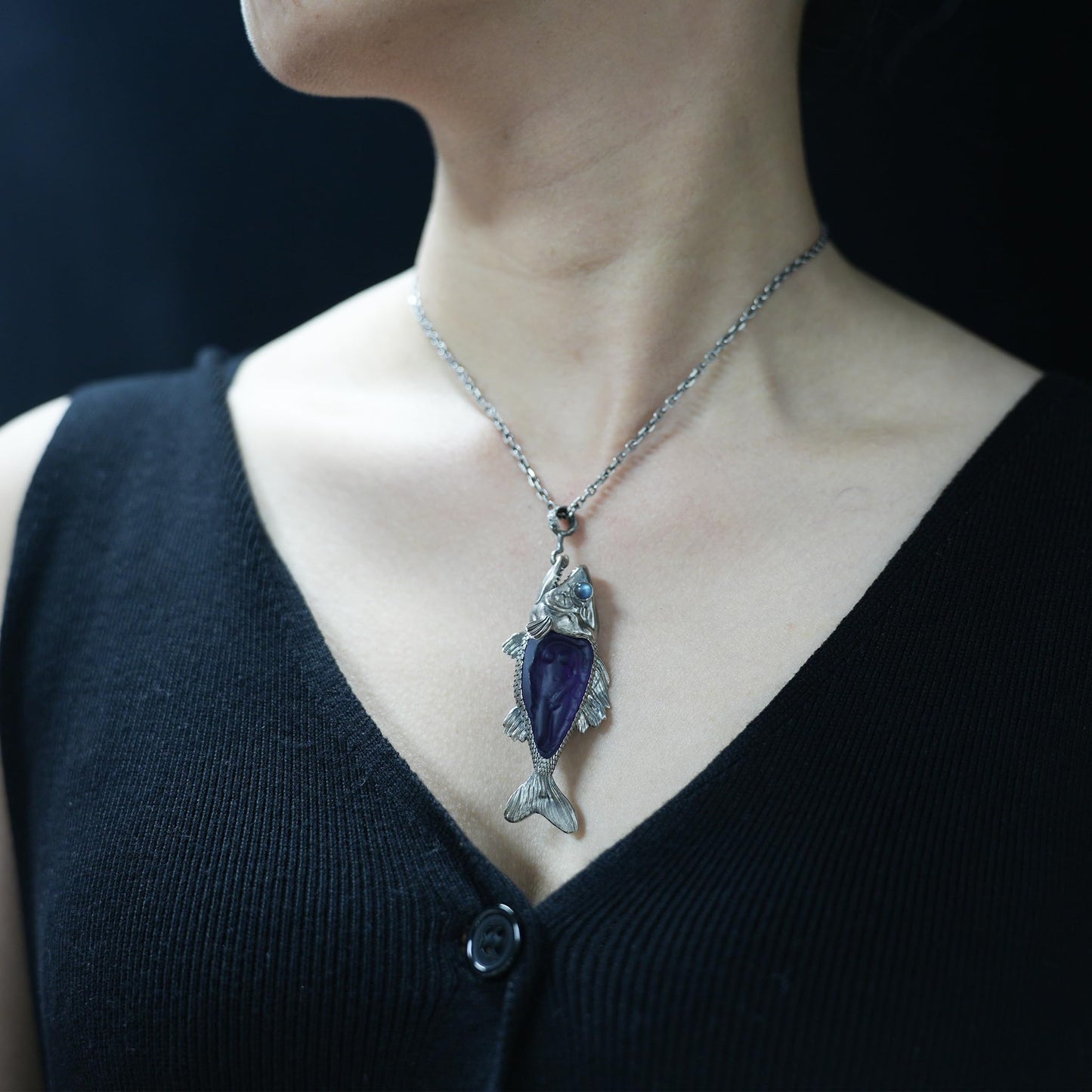 Mystical Fish Pendant with Amethyst & Labradorite – Artistic Talisman Jewelry, Handmade Fantasy Necklace Gift