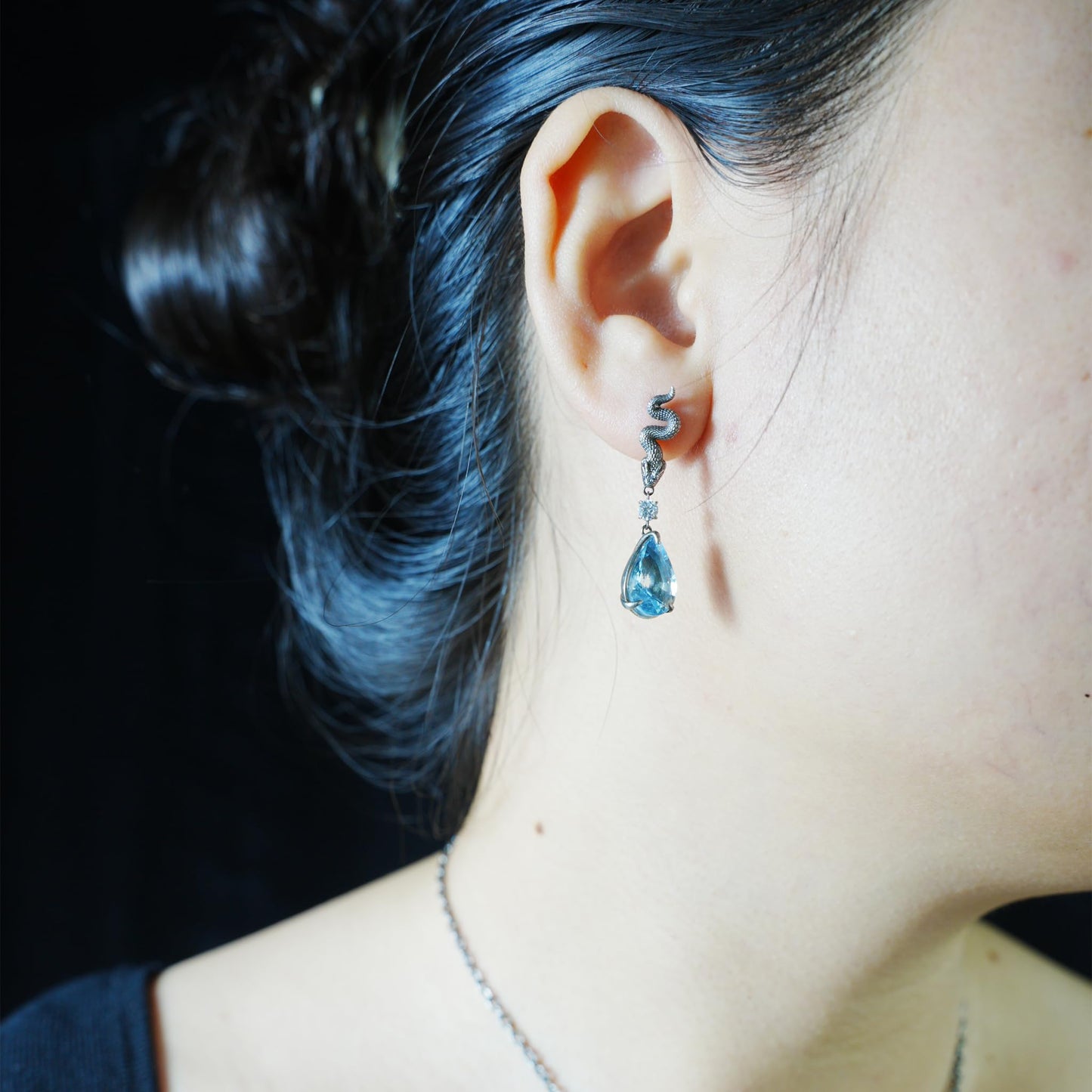 925 Sterling Silver Snake Drop Earrings with Aquamarine | Handcrafted Myth-Inspired Serpent Jewelry for Healing & Protection