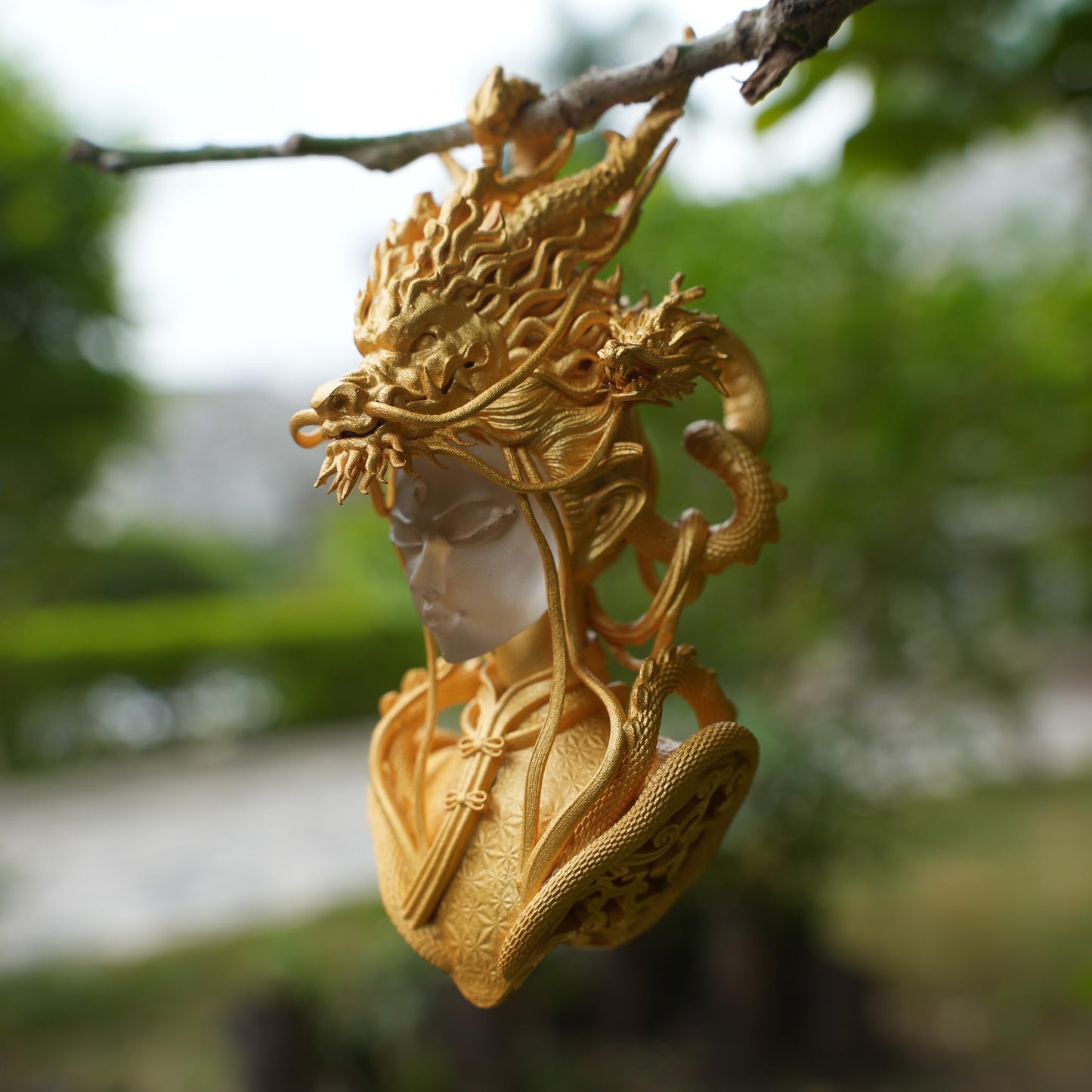Golden Dragon Lady Pendant | 925 Sterling Silver with 24K Gold Plating & White Crystal | Symbol of Dragon Spirit, Strength & Soul Protection | Handmade Fantasy Jewelry