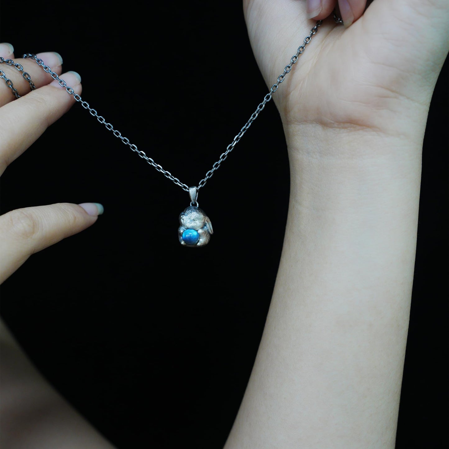 925 Silver Moon Rabbit Necklace with Blue Labradorite | Handmade Bunny Totem Pendant for Peace, Intuition & New Beginnings | Cute Animal Jewelry