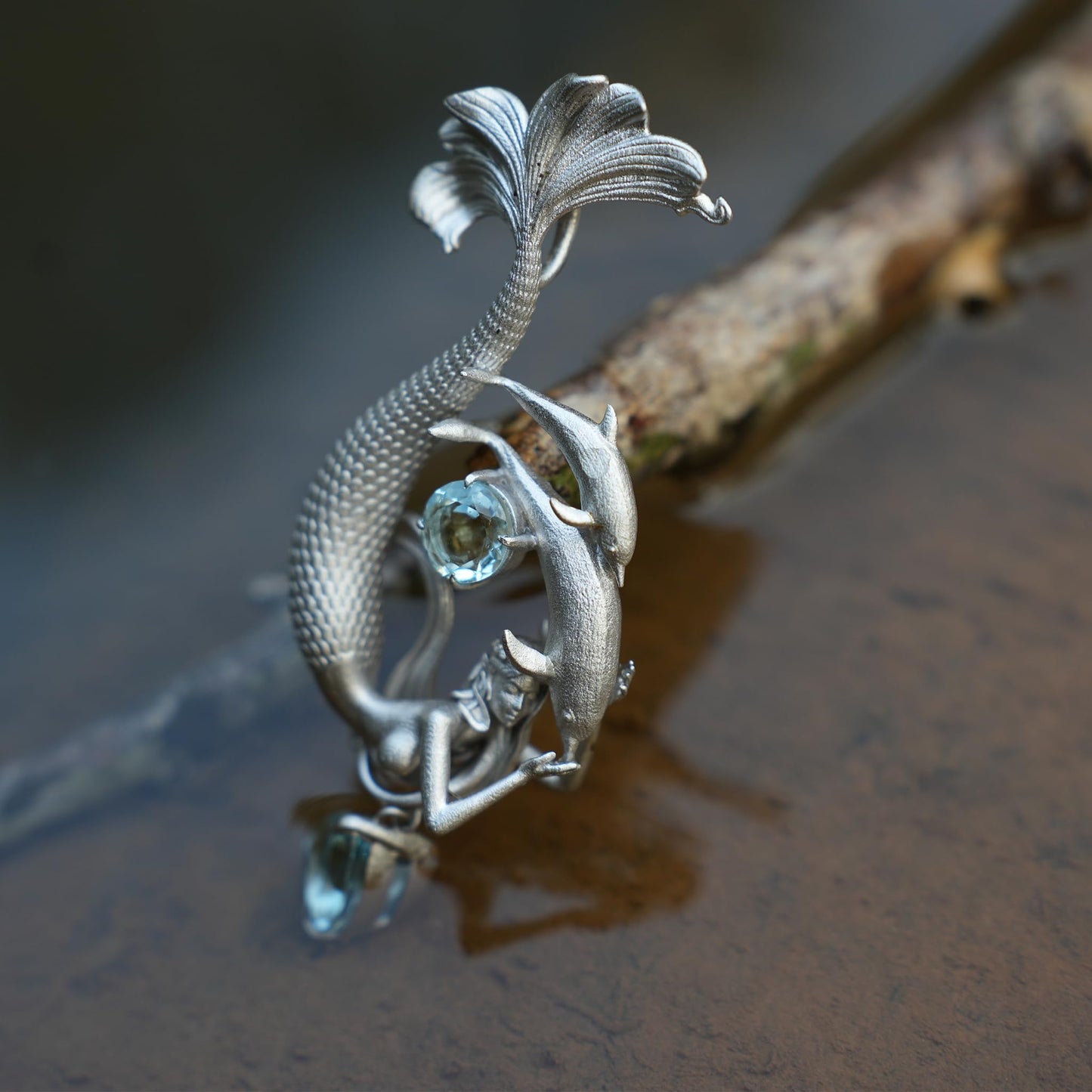 Dreamy Ocean Mermaid Pendant in 925 Sterling Silver with Aquamarine | Handmade Teardrop Necklace for Emotional Healing & Ocean Lovers