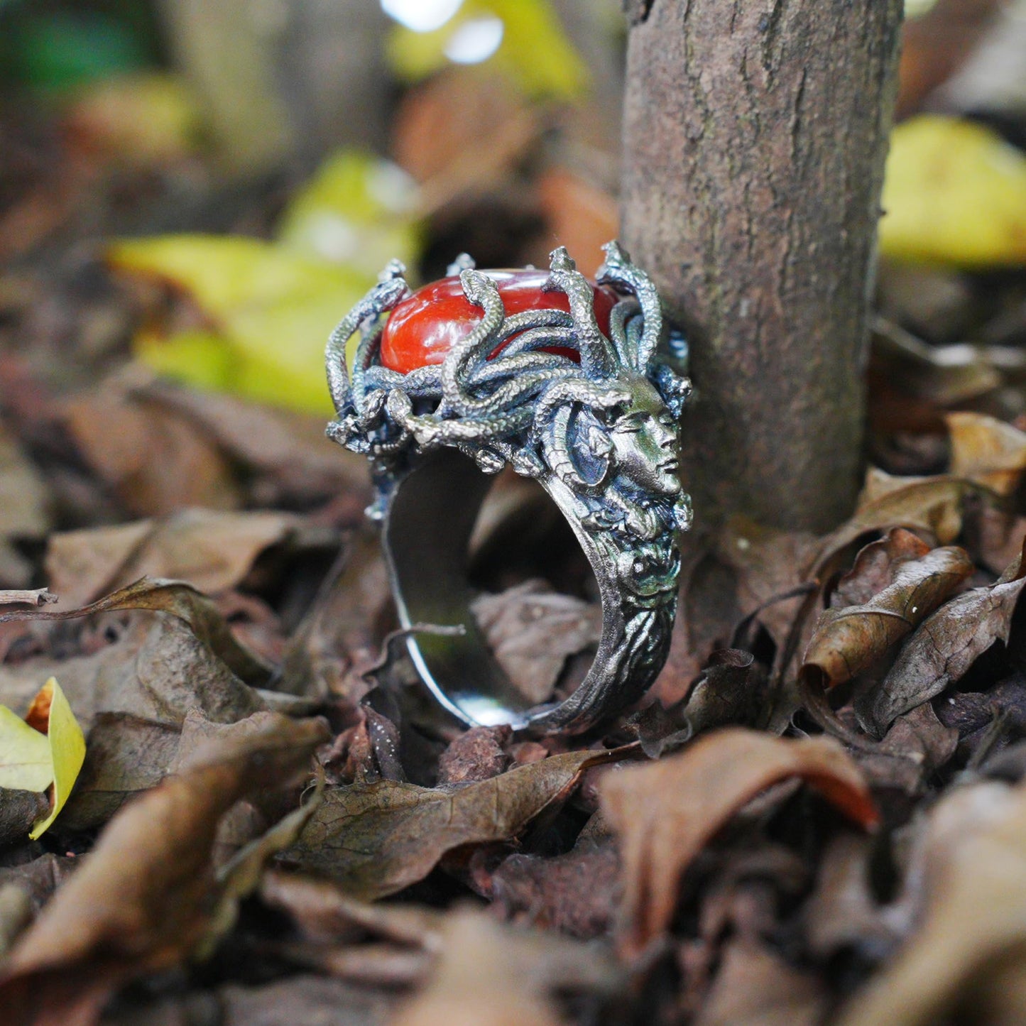 925 Silver Medusa Ring with Red Agate | Handmade Gothic Baroque Jewelry | Fantasy Statement Ring for Dark Aesthetics