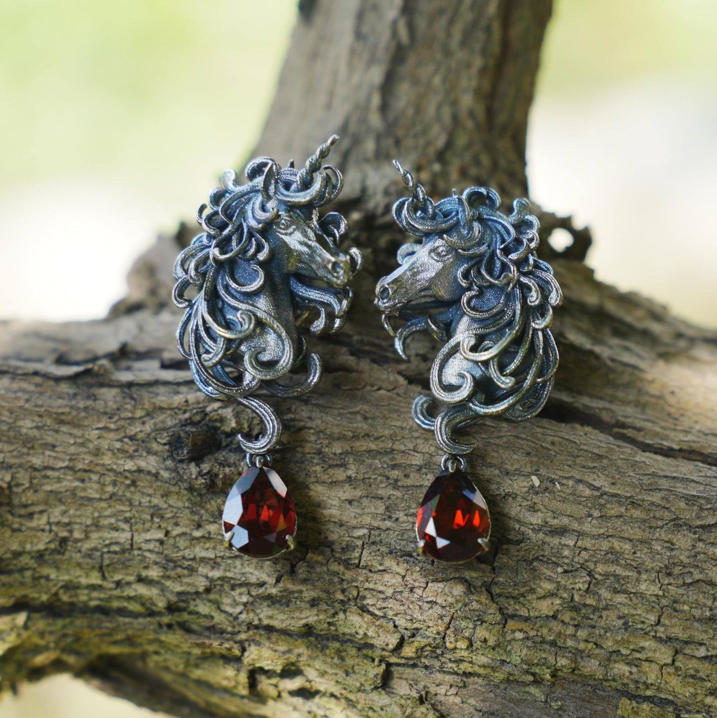 Unicorn Earrings with Garnet Drop | Handcrafted Celtic Fantasy Jewelry | Symbolic Gift of Vow & Protection