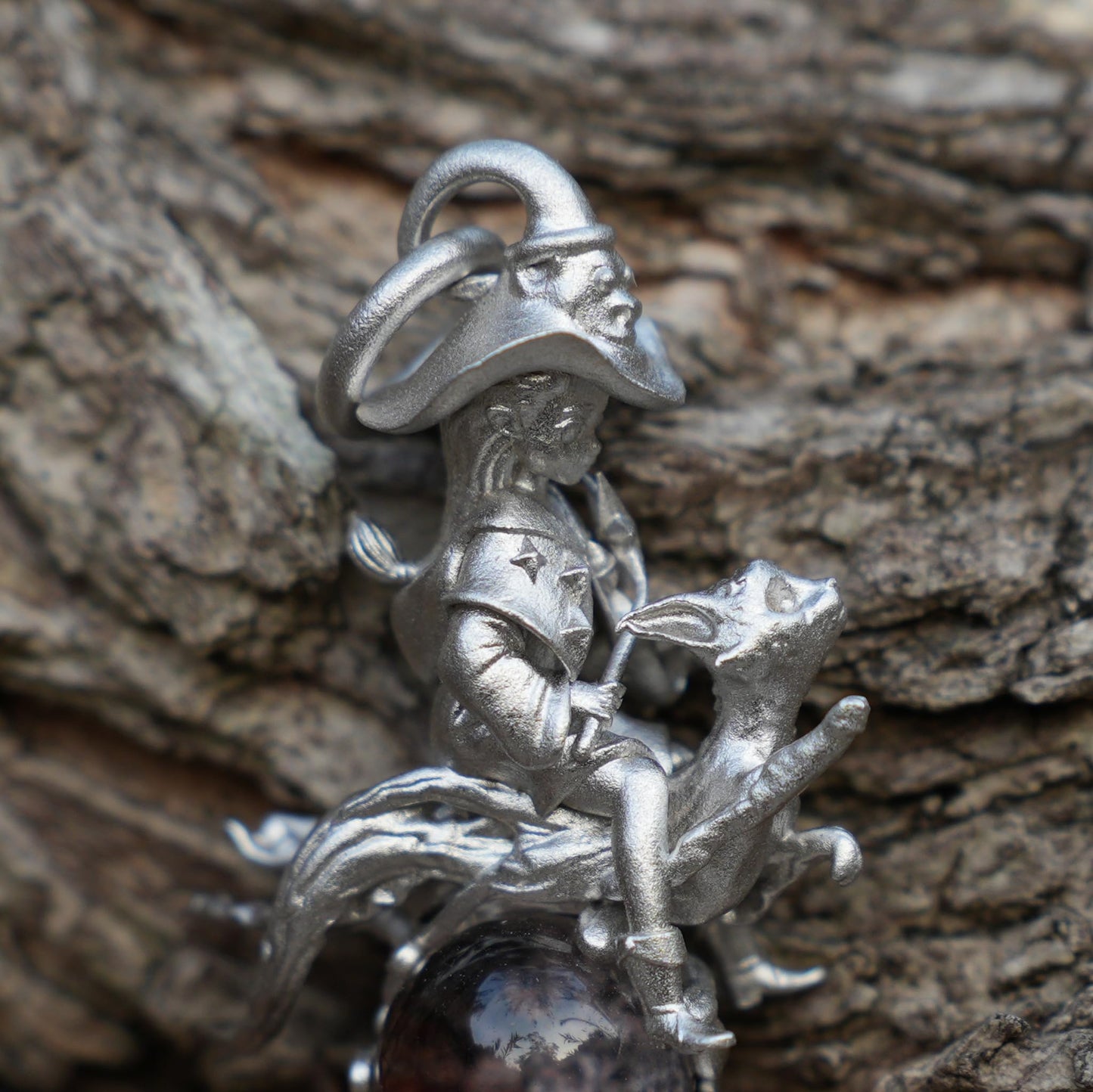 Witch Riding Cat Pendant | 925 Sterling Silver with Phantom Quartz | Handmade Fantasy Jewelry Gift for Magic Lovers & Collectors