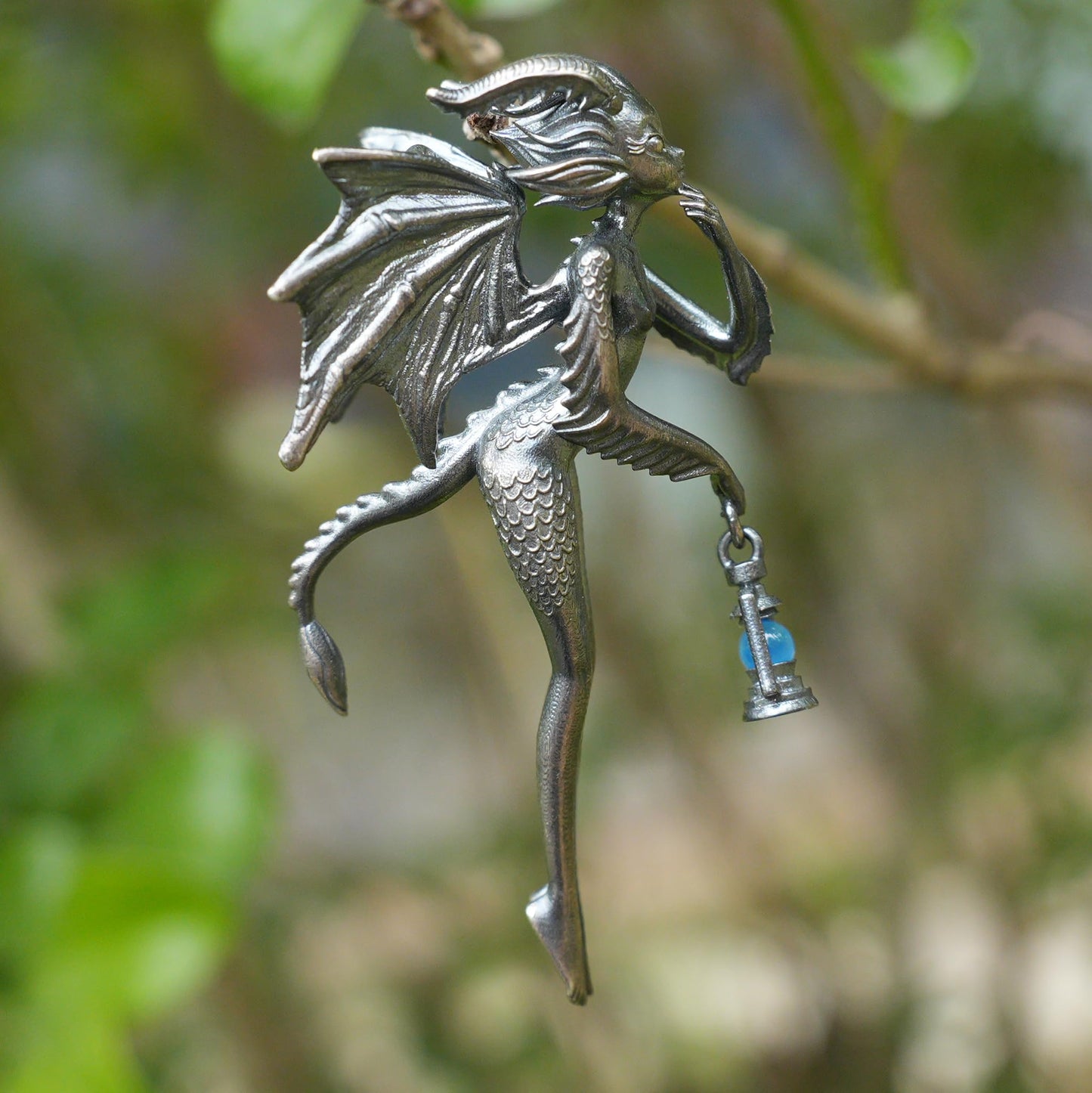 Dragon Girl Pendant | 925 Silver Fantasy Necklace with Green Chalcedony Lantern | Symbol of Courage & Inner Light
