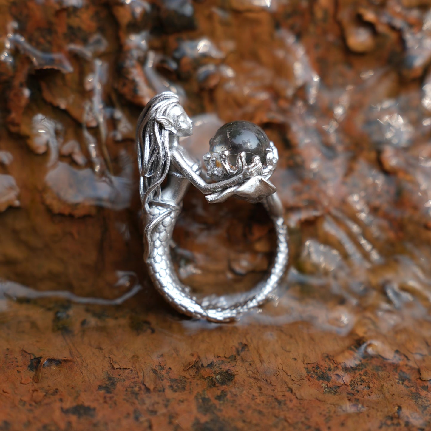 925 Silver Mermaid Ring with Phantom Quartz | Handmade Ocean Fantasy Jewelry | Symbolic Underwater Gift for Her