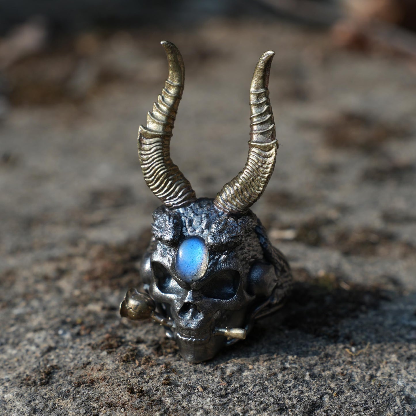 Underworld Guardian Ring, Skull Totem with Labradorite Eye, Horns of Judgment, Nordic Dark Mythology-Inspired Statement Jewelry