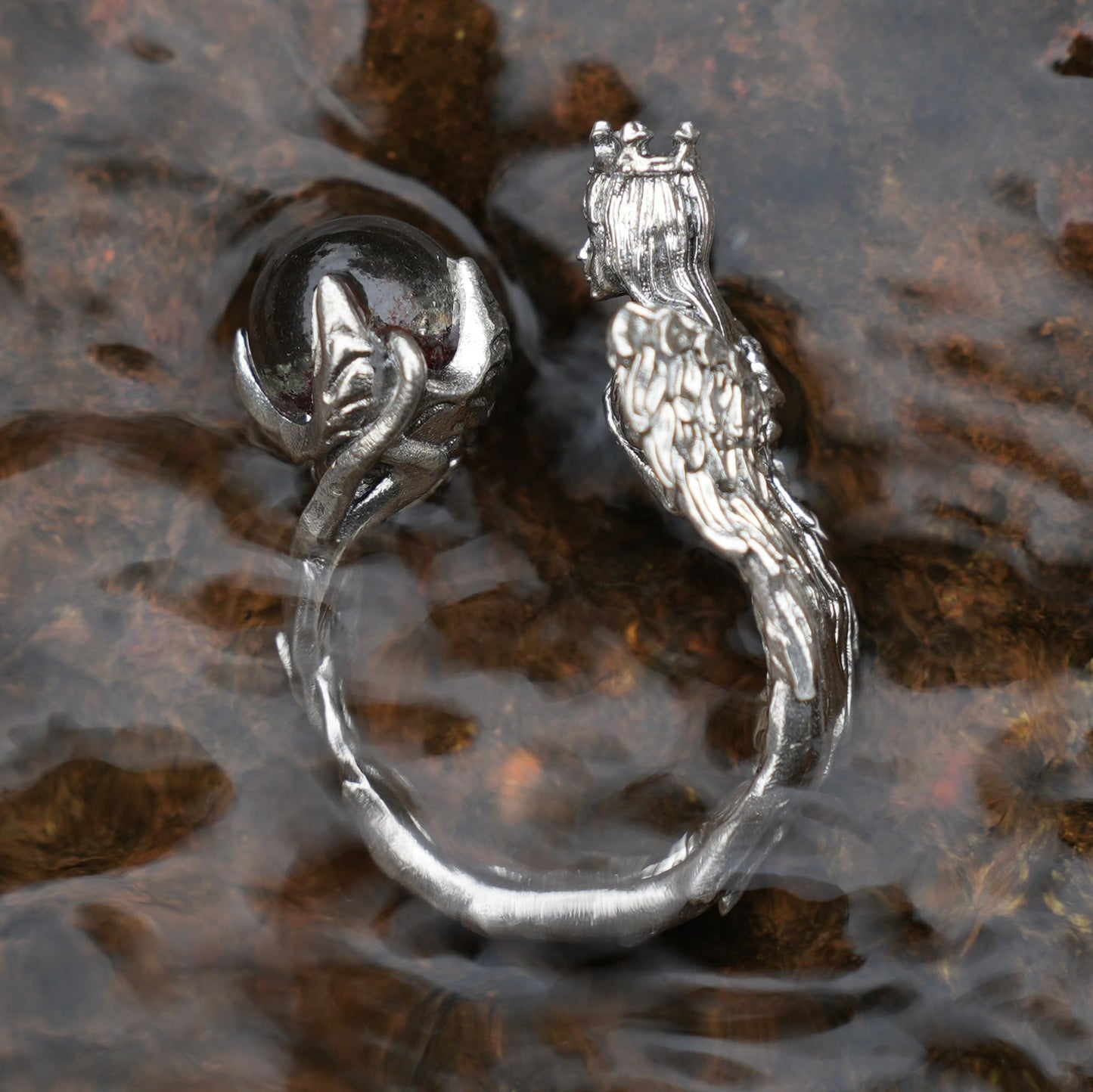 925 Silver Soul Guardian Crown Ring with Phantom Quartz | Handmade Fantasy Jewelry | Symbolic Ring of Protection & Strength