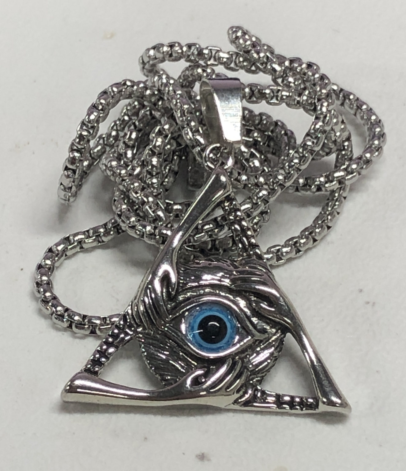 All-Seeing Eye Triangle Pendant Necklace | Mystic Amulet Zinc Alloy Jewelry with Blue Gem | Gothic Occult Unisex Protection Charm