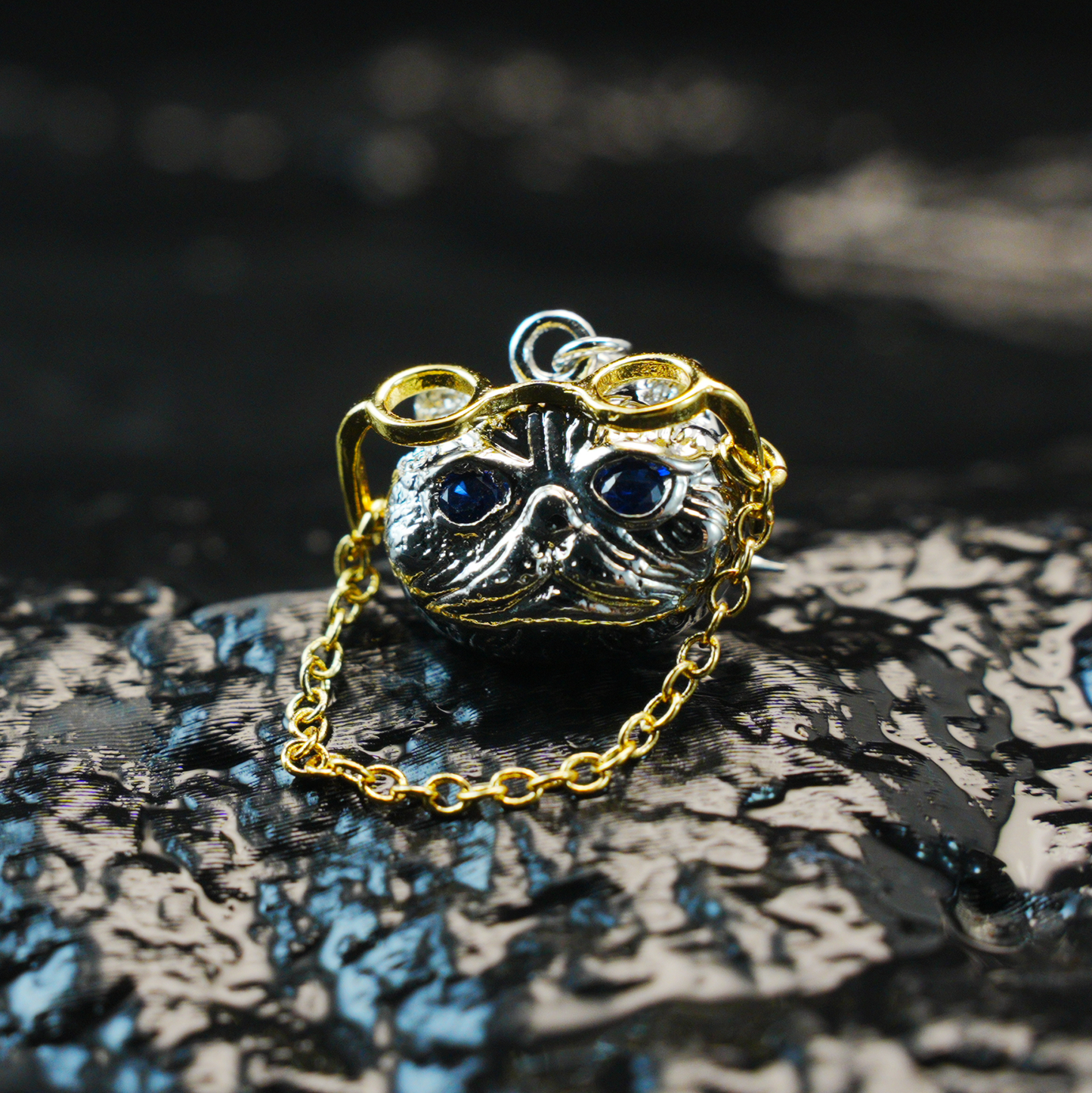 Gothic Steampunk Cat Brooch Pendant, Wise Blue-Eyed Cat with Golden Glasses, Fantasy Jewelry