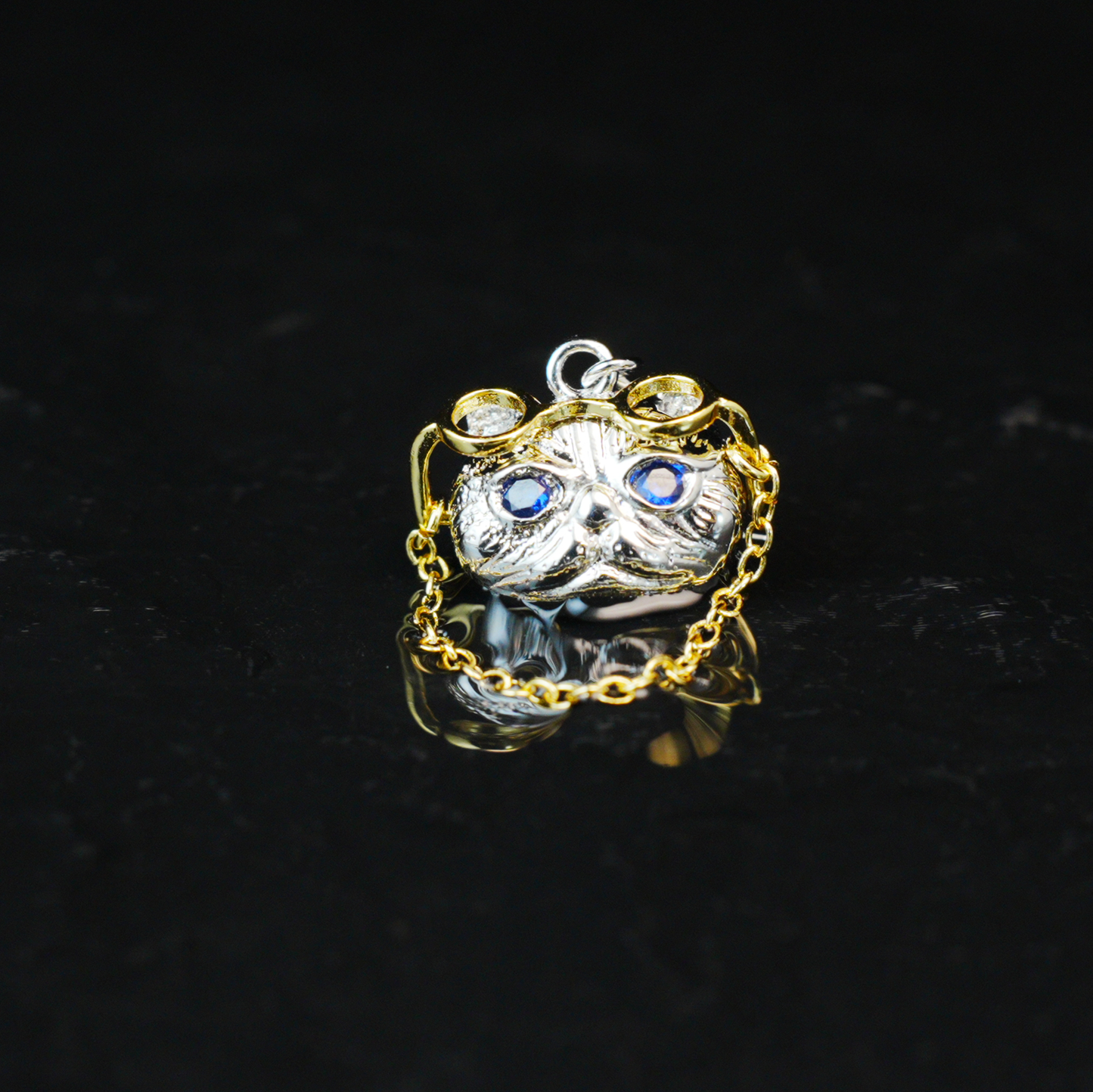 Gothic Steampunk Cat Brooch Pendant, Wise Blue-Eyed Cat with Golden Glasses, Fantasy Jewelry