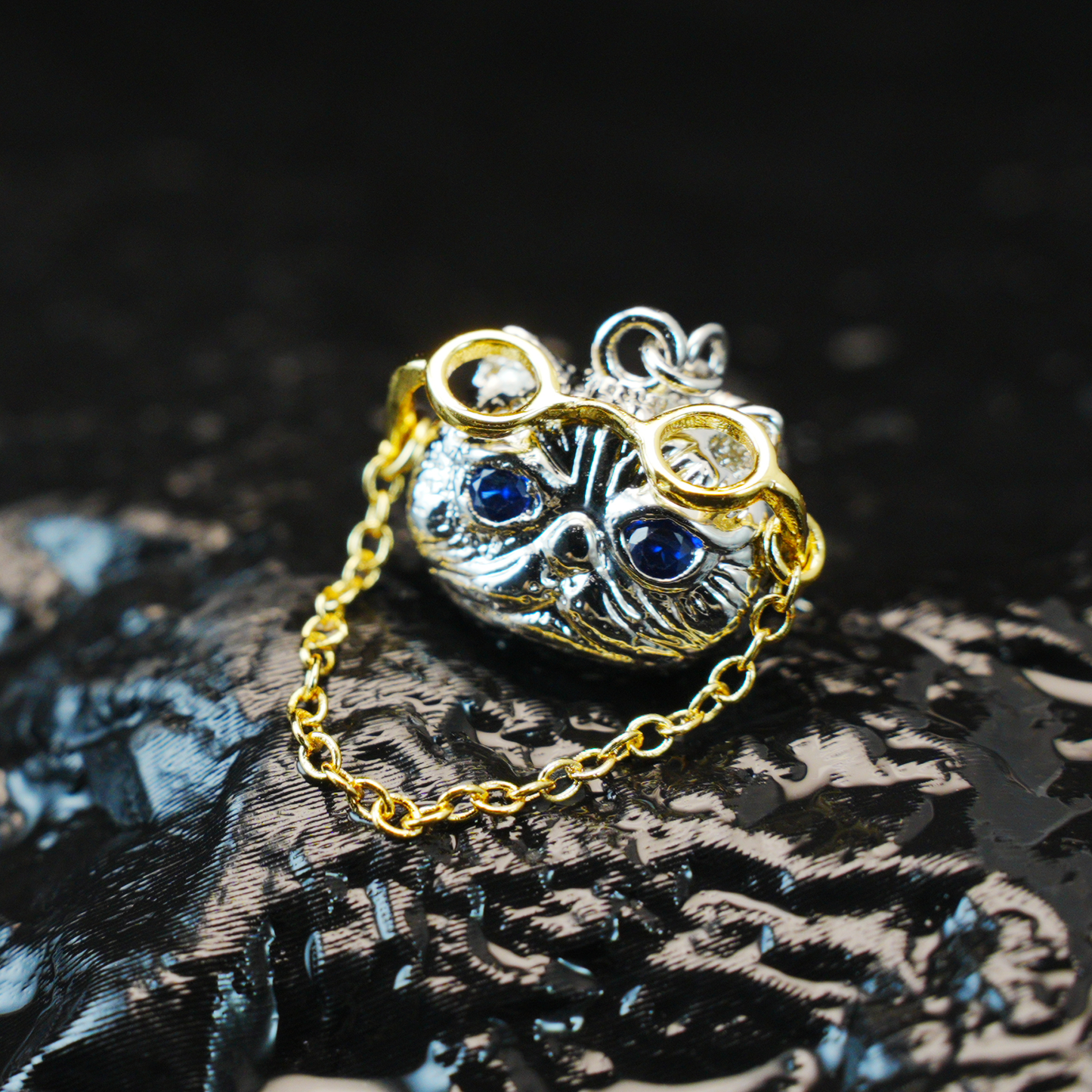 Gothic Steampunk Cat Brooch Pendant, Wise Blue-Eyed Cat with Golden Glasses, Fantasy Jewelry