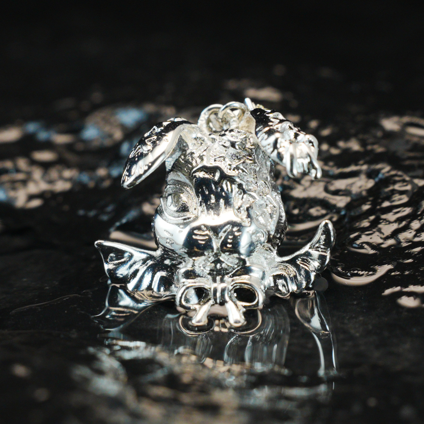 Gothic Winged Bunny Pendant, Fantasy Rabbit Necklace with Bow, Mythical Animal Jewelry
