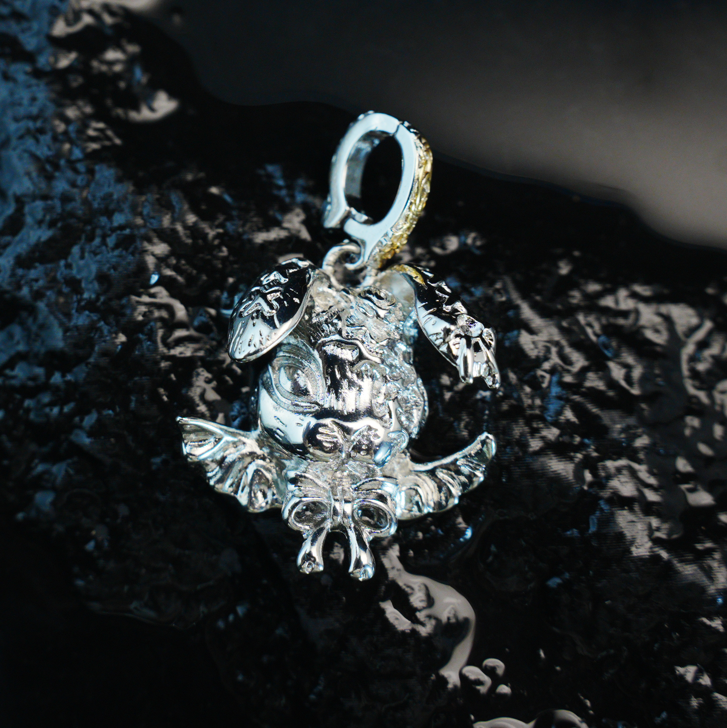 Gothic Winged Bunny Pendant, Fantasy Rabbit Necklace with Bow, Mythical Animal Jewelry