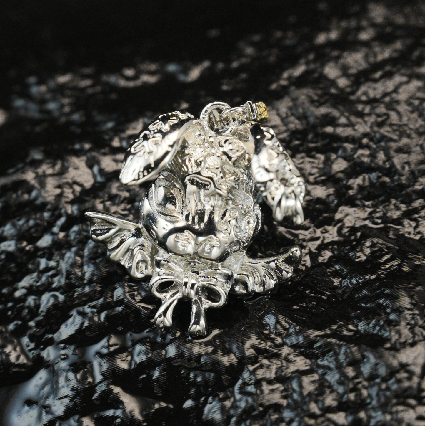 Gothic Winged Bunny Pendant, Fantasy Rabbit Necklace with Bow, Mythical Animal Jewelry