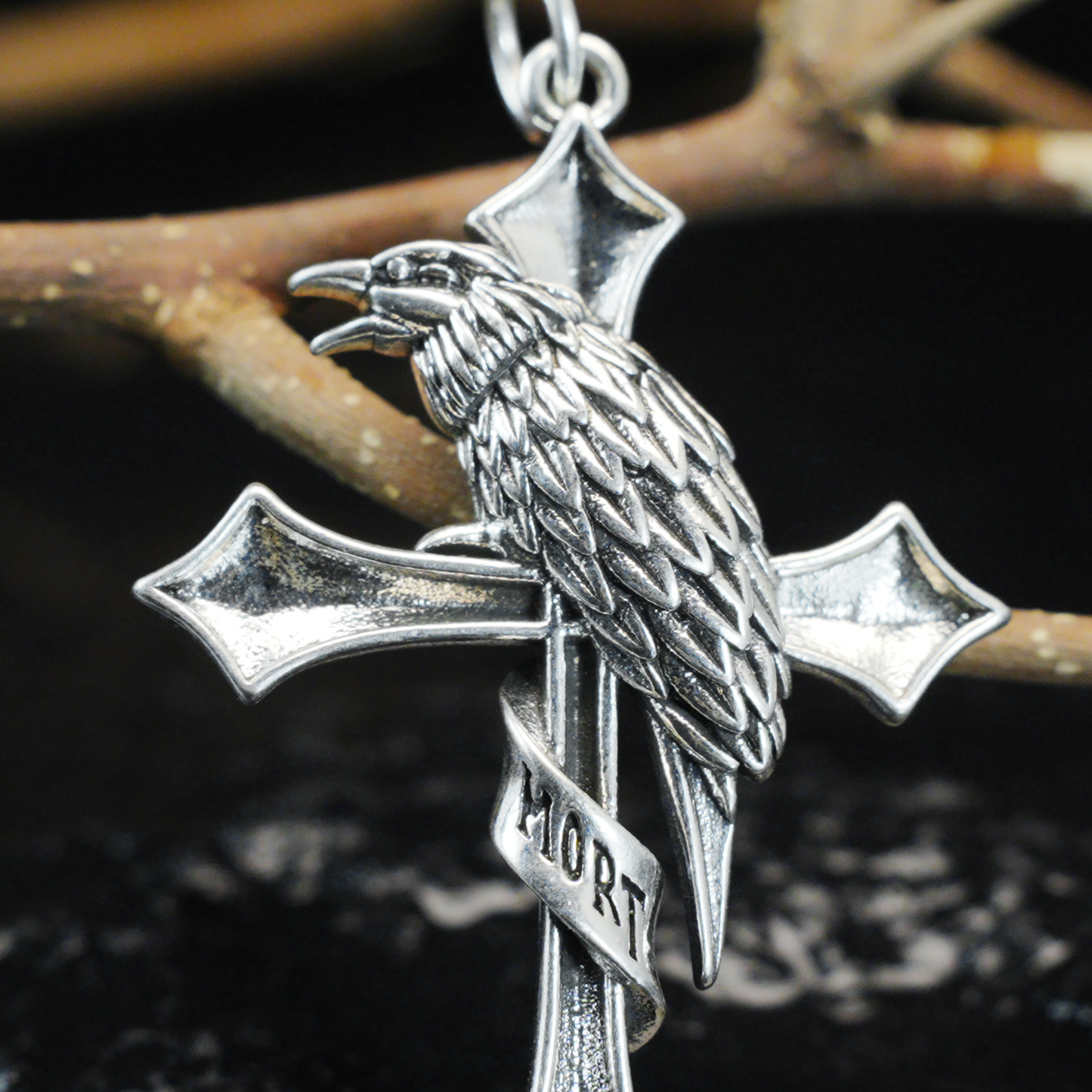 Raven & Cross Gothic Pendant, Dark Gothic brass Necklace, Symbol of Fate & Mystery