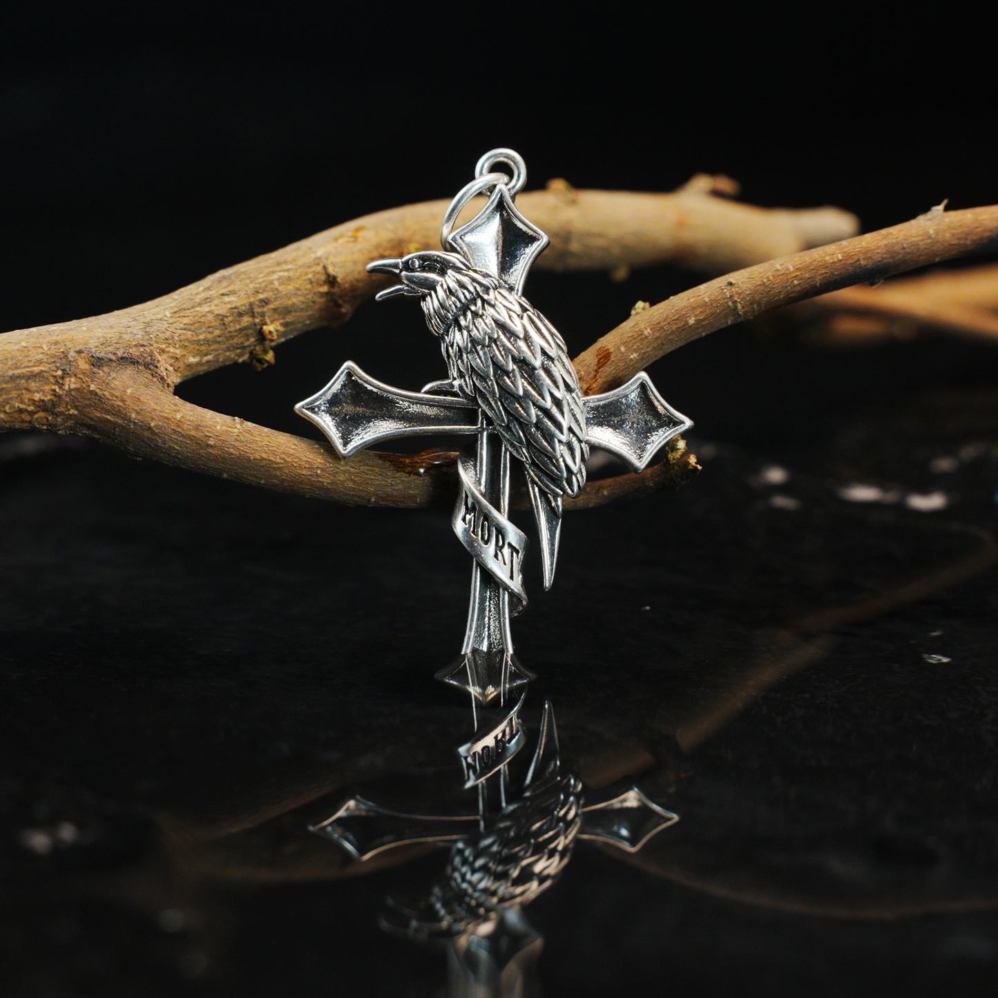 Raven & Cross Gothic Pendant, Dark Gothic brass Necklace, Symbol of Fate & Mystery