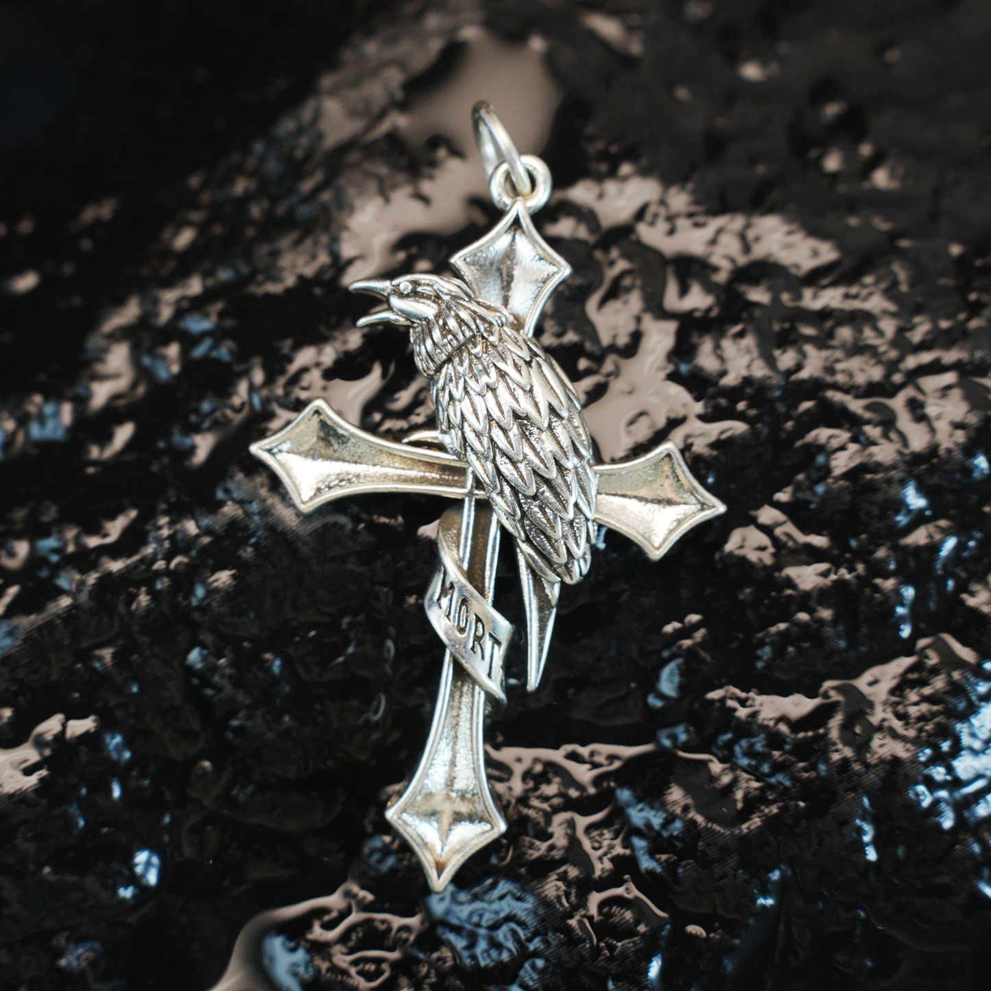 Raven & Cross Gothic Pendant, Dark Gothic brass Necklace, Symbol of Fate & Mystery