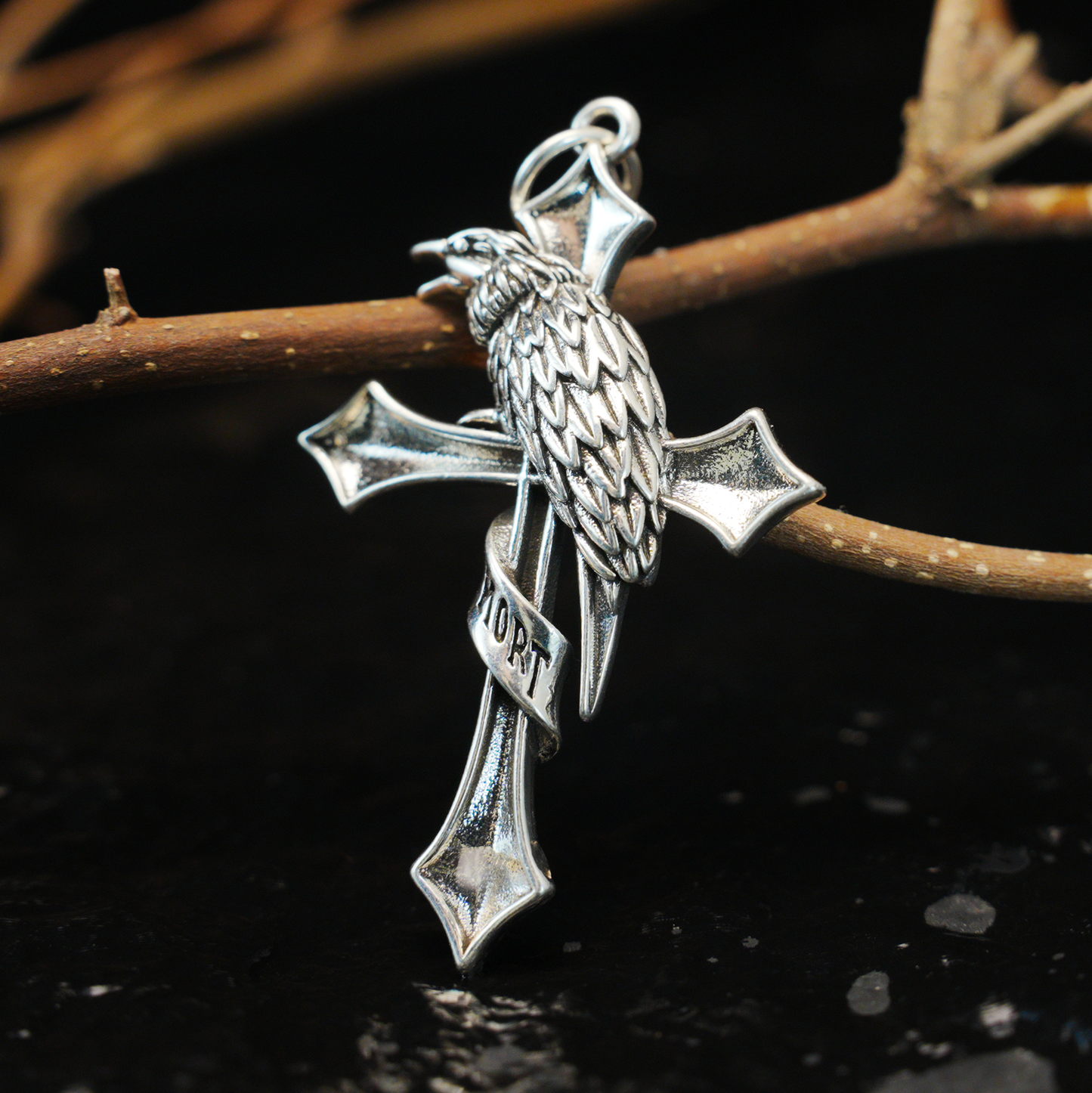 Raven & Cross Gothic Pendant, Dark Gothic brass Necklace, Symbol of Fate & Mystery