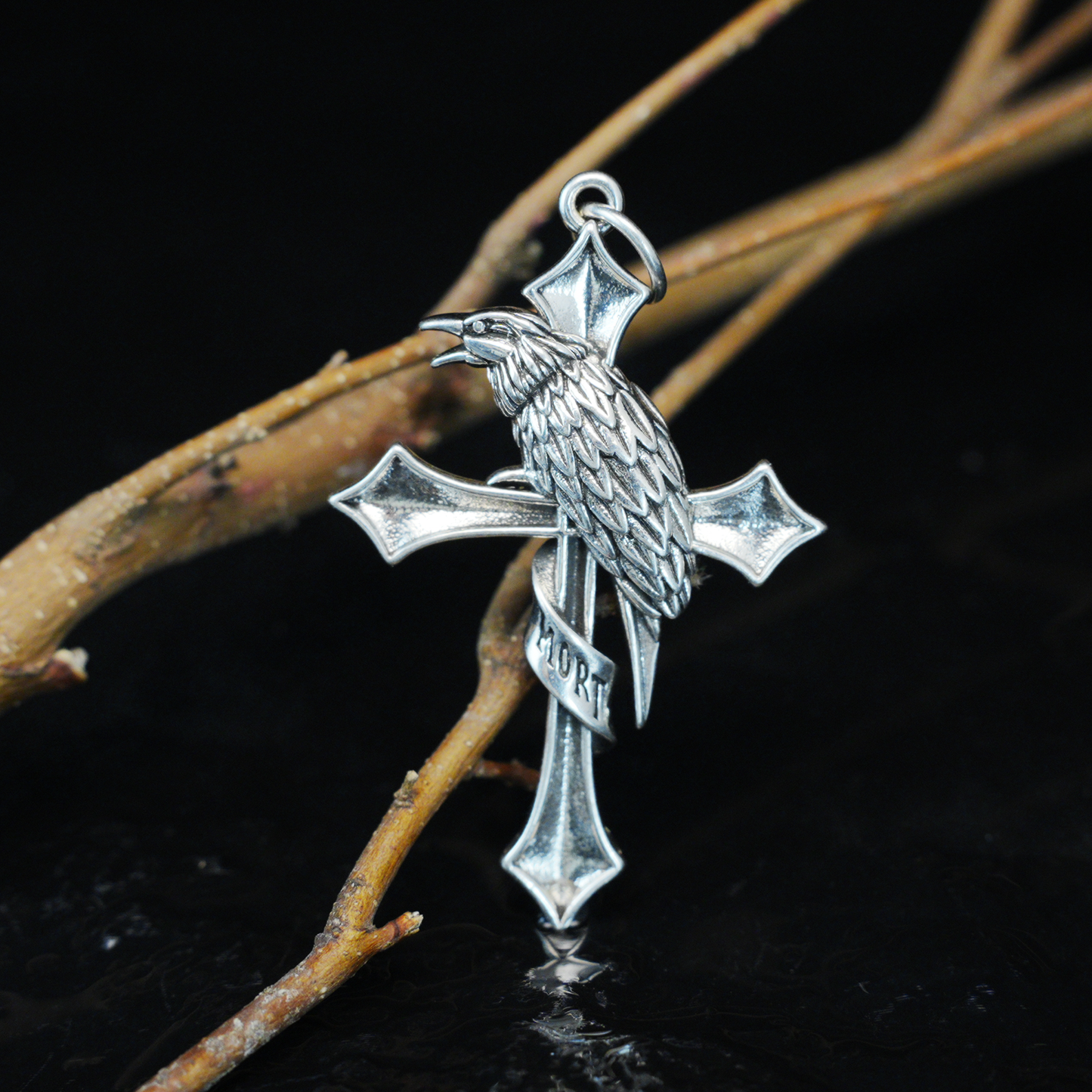 Raven & Cross Gothic Pendant, Dark Gothic brass Necklace, Symbol of Fate & Mystery