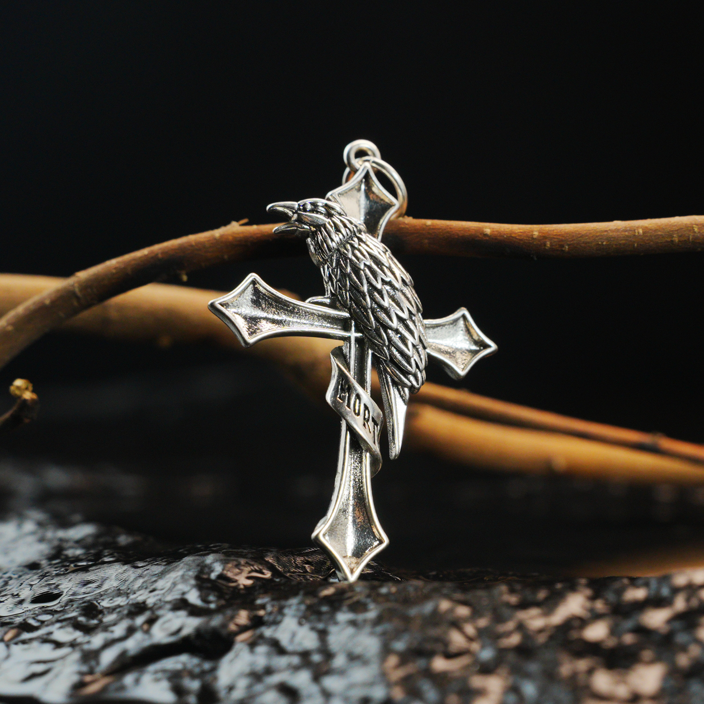 Raven & Cross Gothic Pendant, Dark Gothic brass Necklace, Symbol of Fate & Mystery