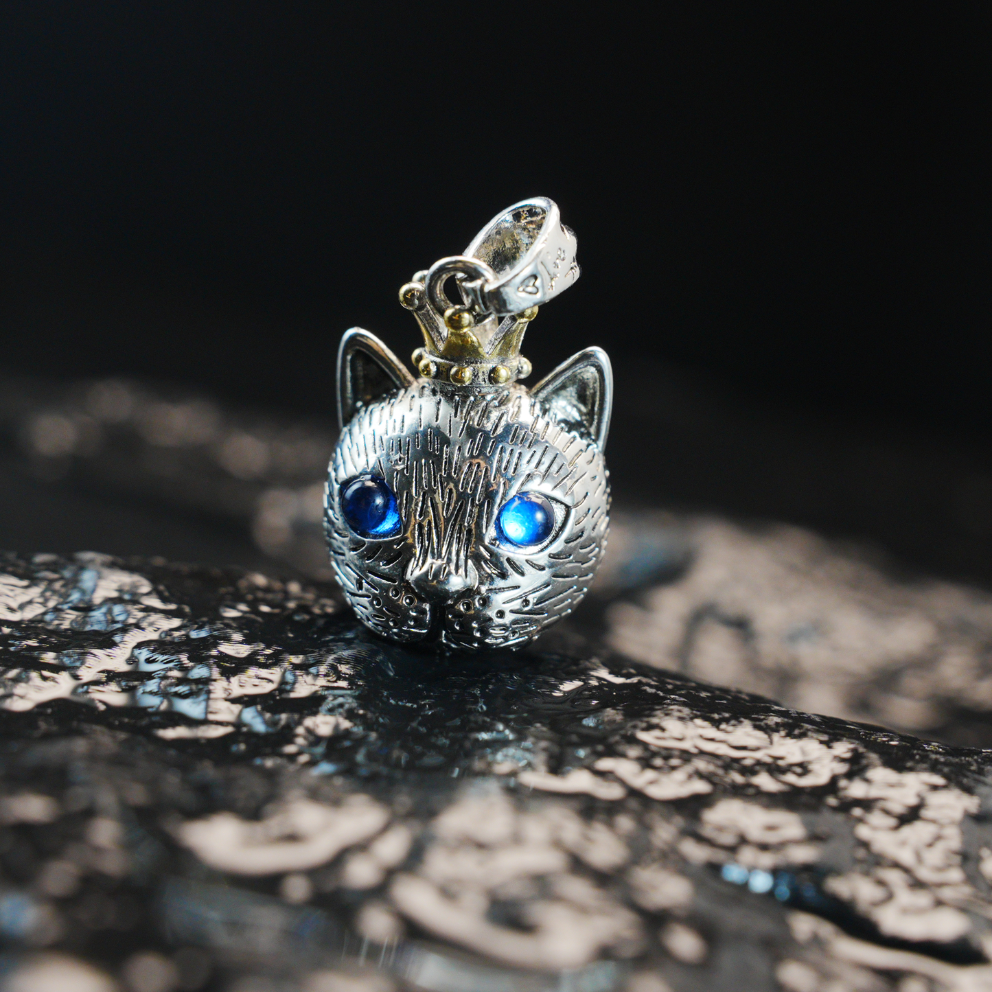 Gothic Royal Cat Pendant, Blue-Eyed Crowned Cat Necklace, Fantasy Animal Jewelry