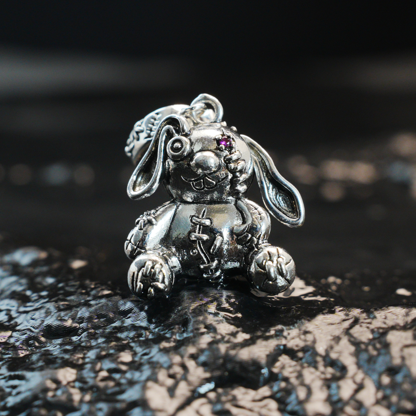 Gothic Stitched Bunny Pendant, Dark Fantasy Plush Rabbit Necklace, Creepy Cute Jewelry