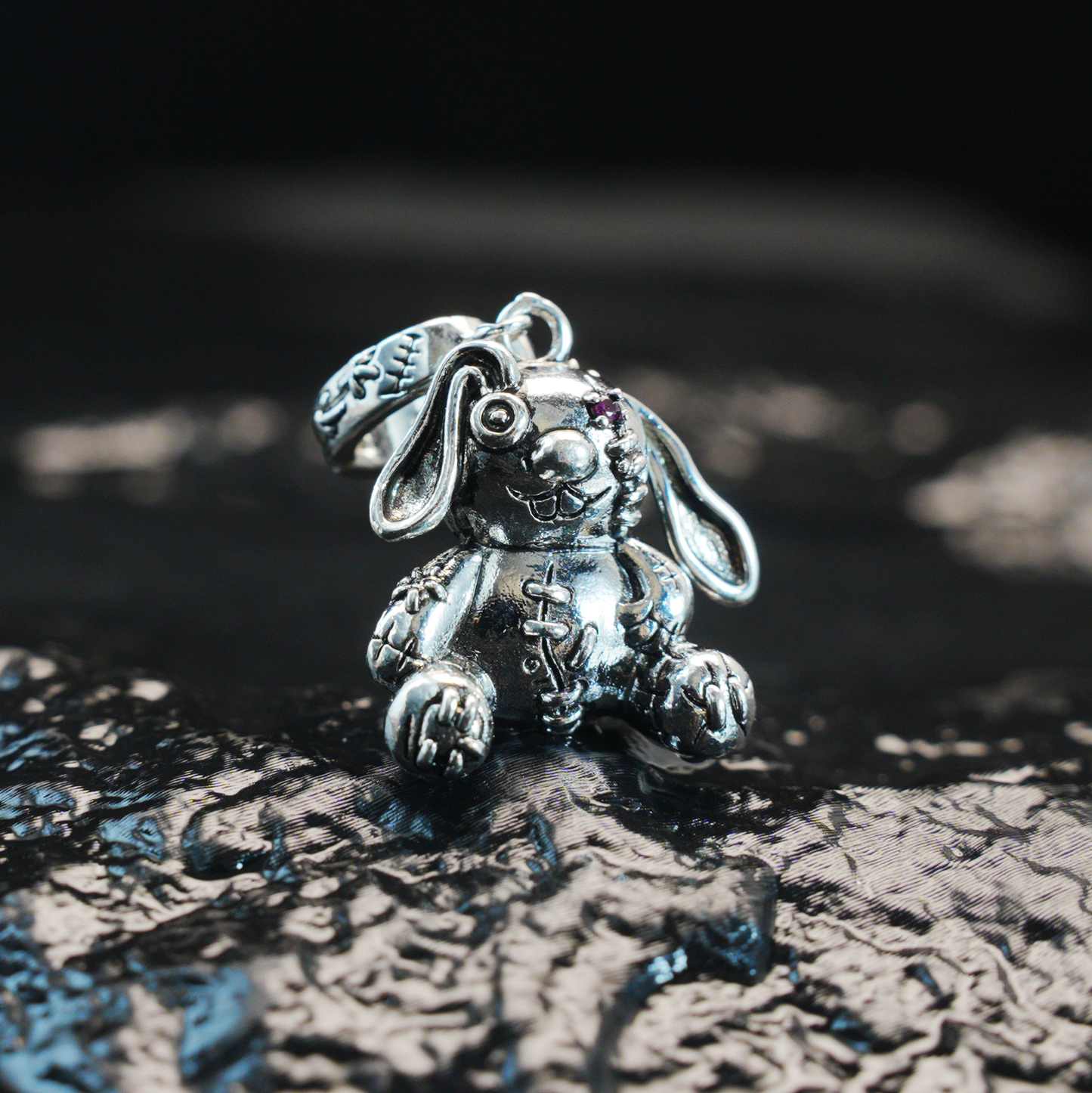 Gothic Stitched Bunny Pendant, Dark Fantasy Plush Rabbit Necklace, Creepy Cute Jewelry