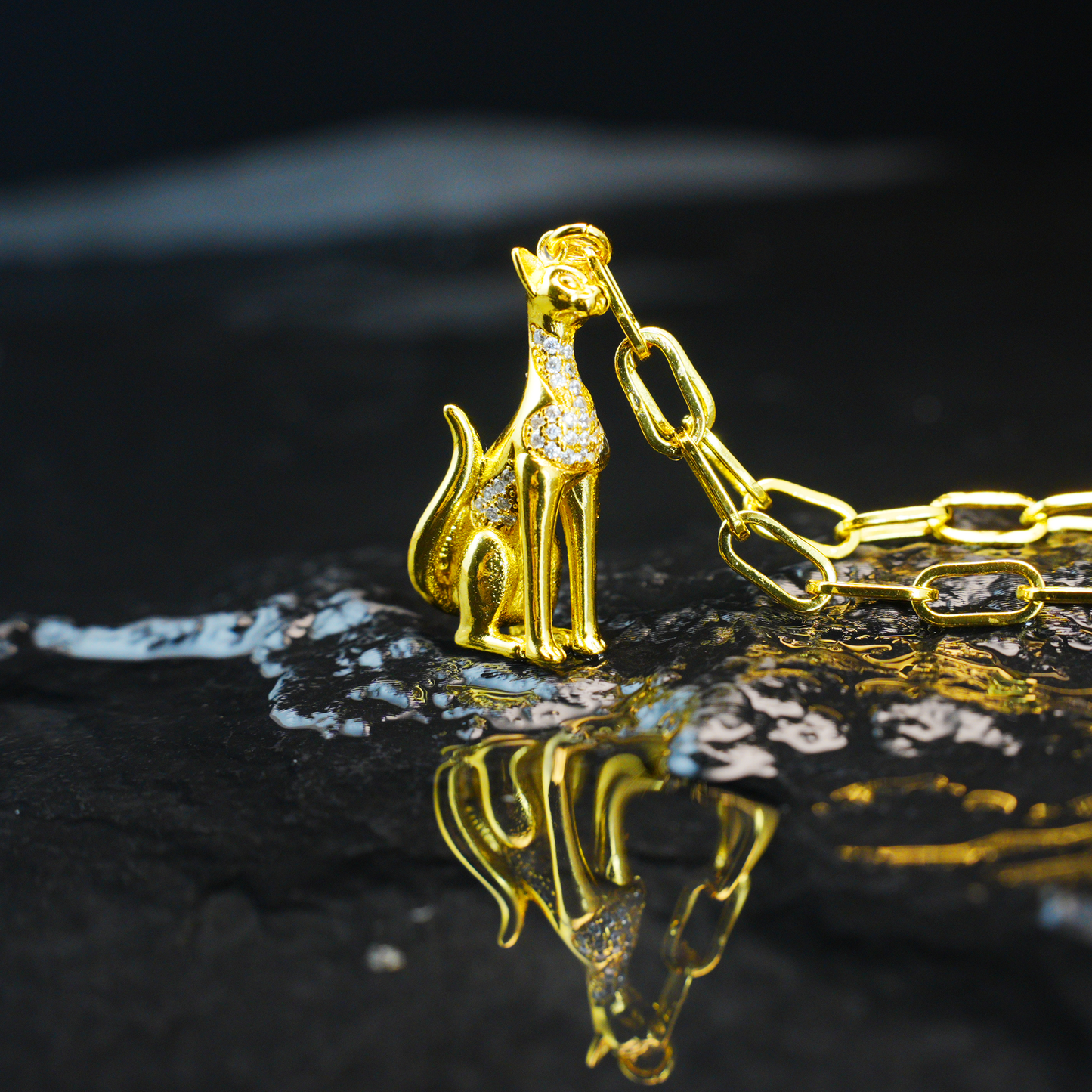 Egyptian Cat Goddess Pendant Necklace Vintage Gold with Crystal Lux Statement Jewelry