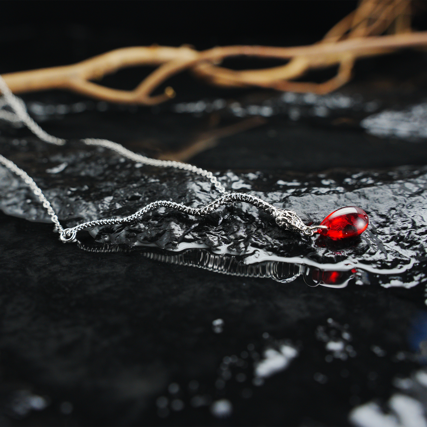 Snake Necklace with Red Teardrop Pendant Gothic Talisman Jewelry