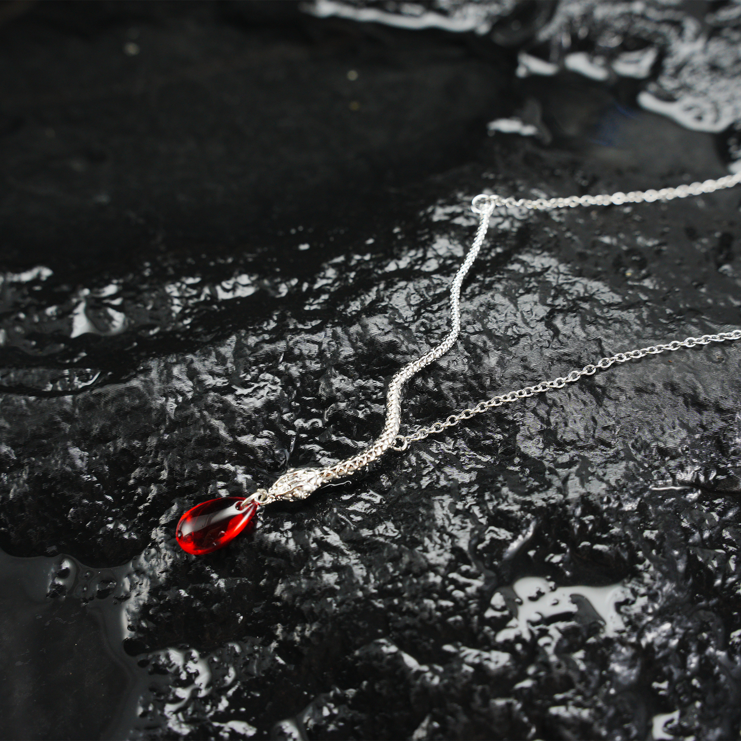 Snake Necklace with Red Teardrop Pendant Gothic Talisman Jewelry