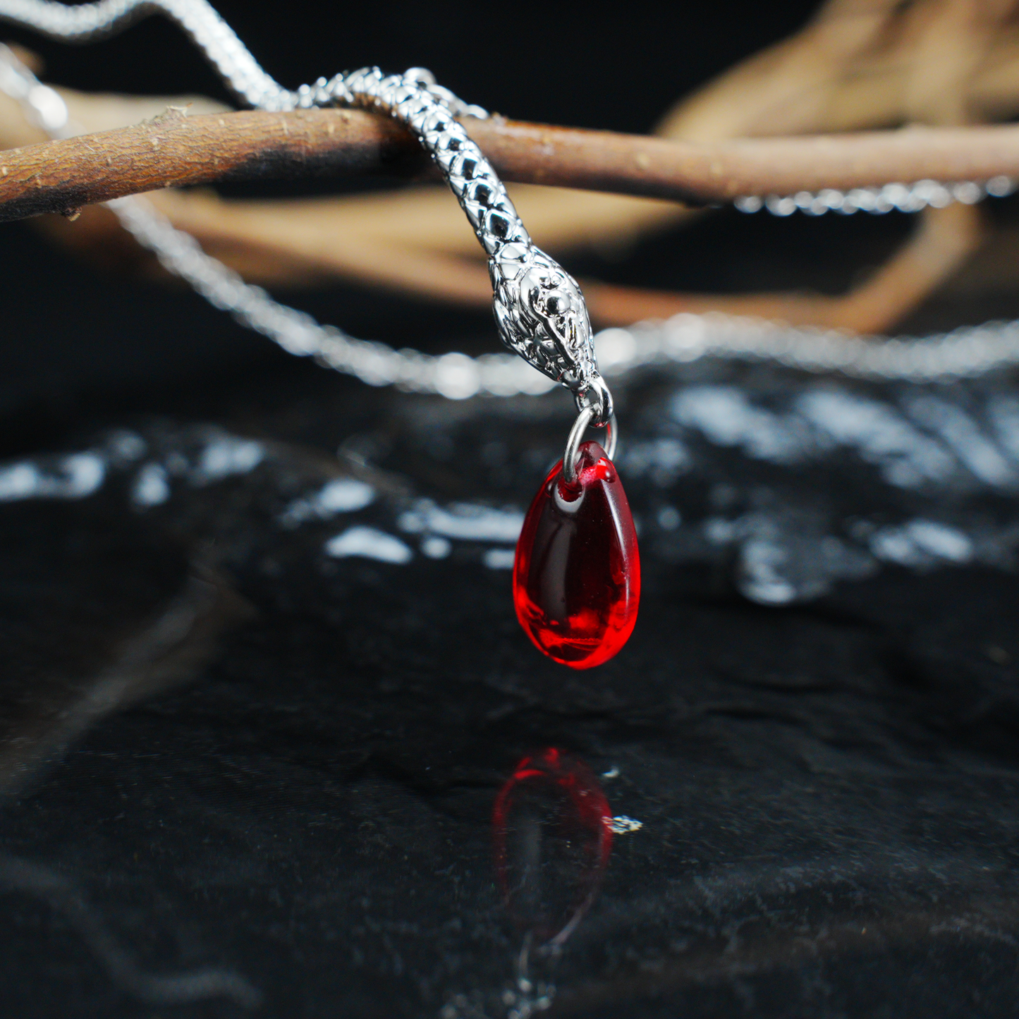 Snake Necklace with Red Teardrop Pendant Gothic Talisman Jewelry