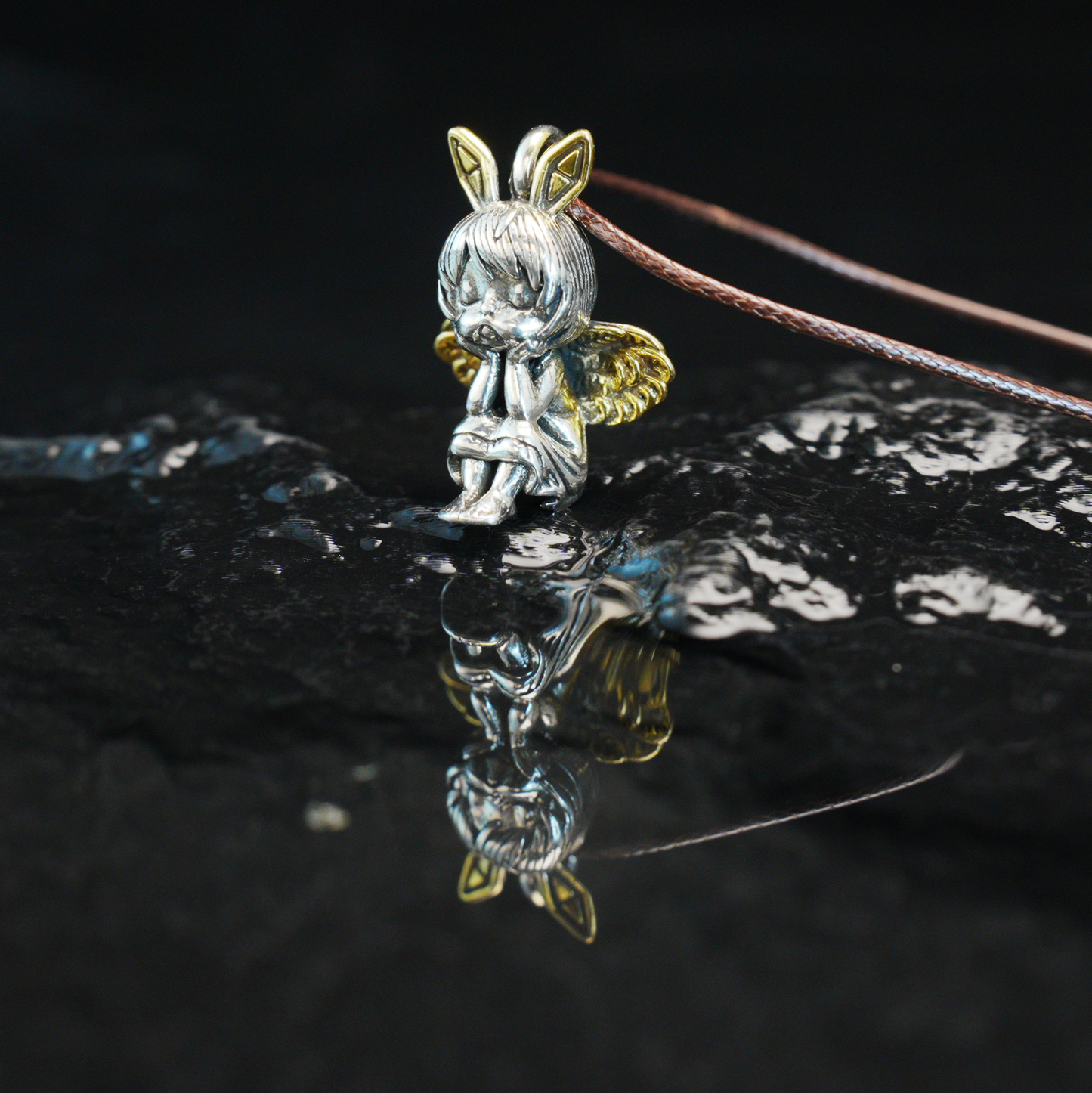 Gothic Bunny Angel Pendant, Fantasy Rabbit Fairy Necklace, Guardian Spirit Jewelry