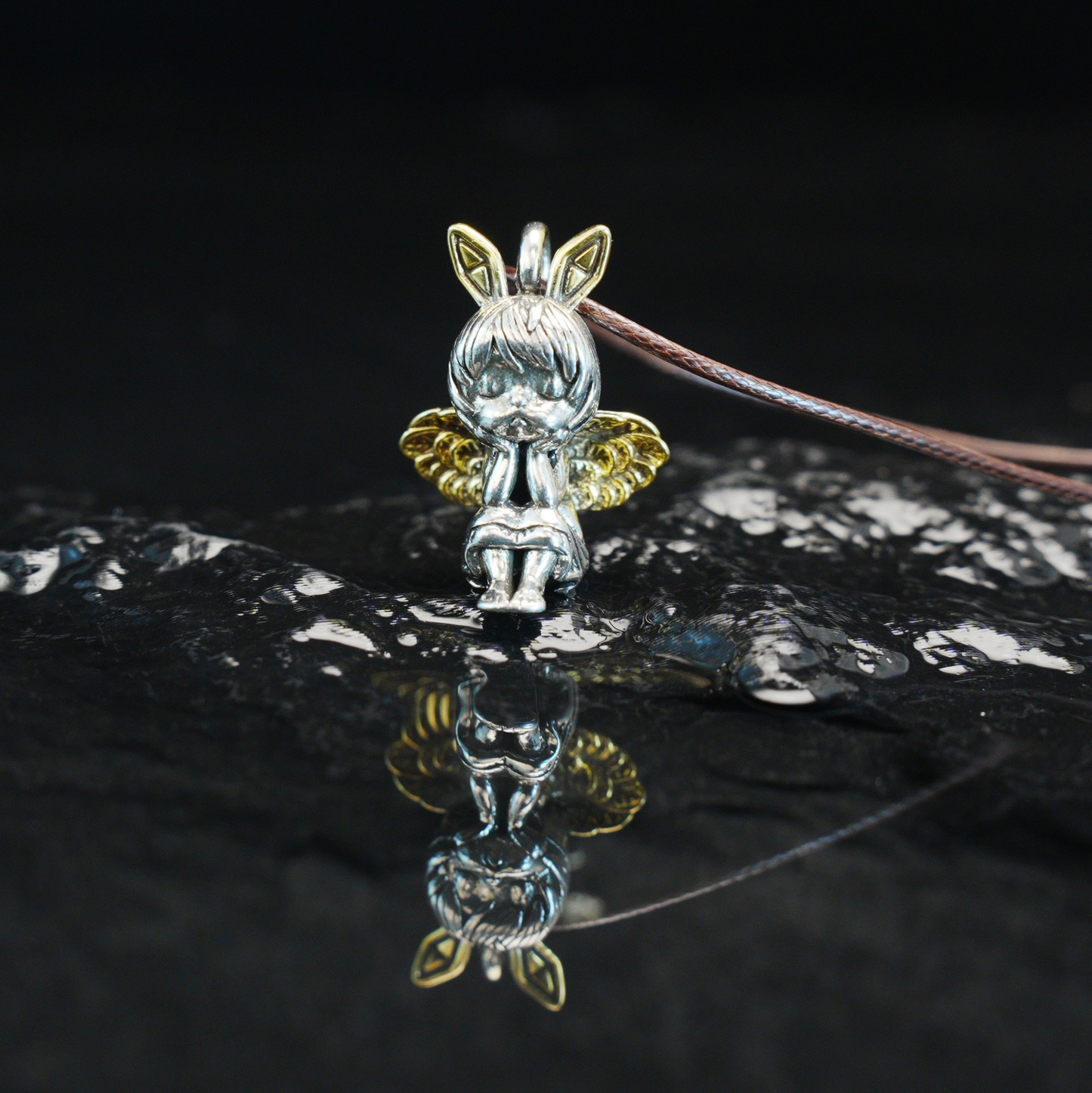Gothic Bunny Angel Pendant, Fantasy Rabbit Fairy Necklace, Guardian Spirit Jewelry