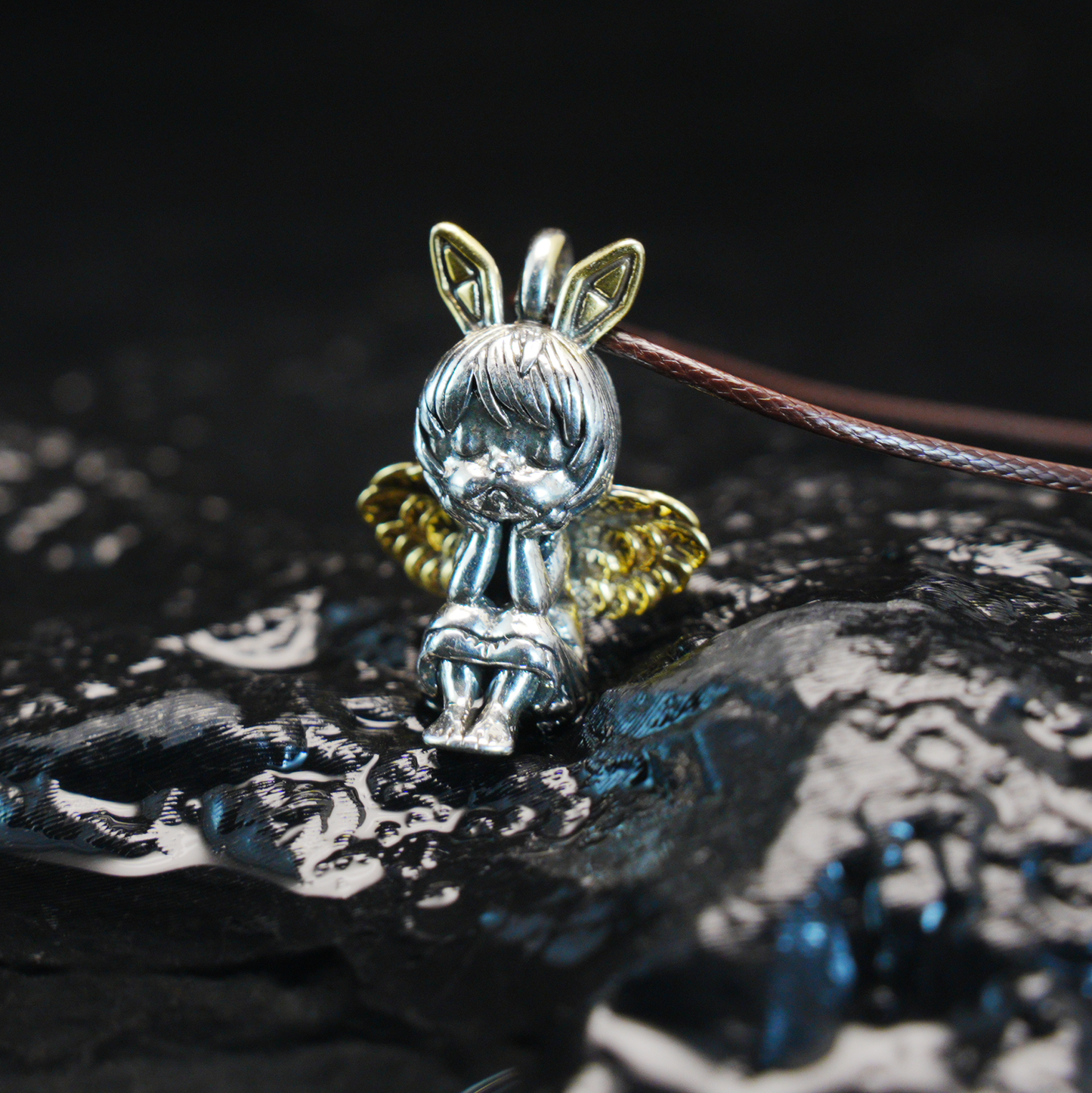 Gothic Bunny Angel Pendant, Fantasy Rabbit Fairy Necklace, Guardian Spirit Jewelry
